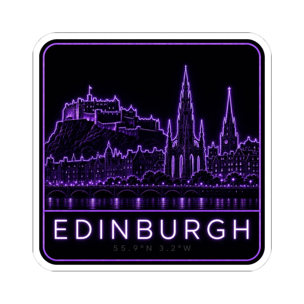 Neon purple Edinburgh skyline kiss-cut sticker, rounded border and 'EDINBURGH' label