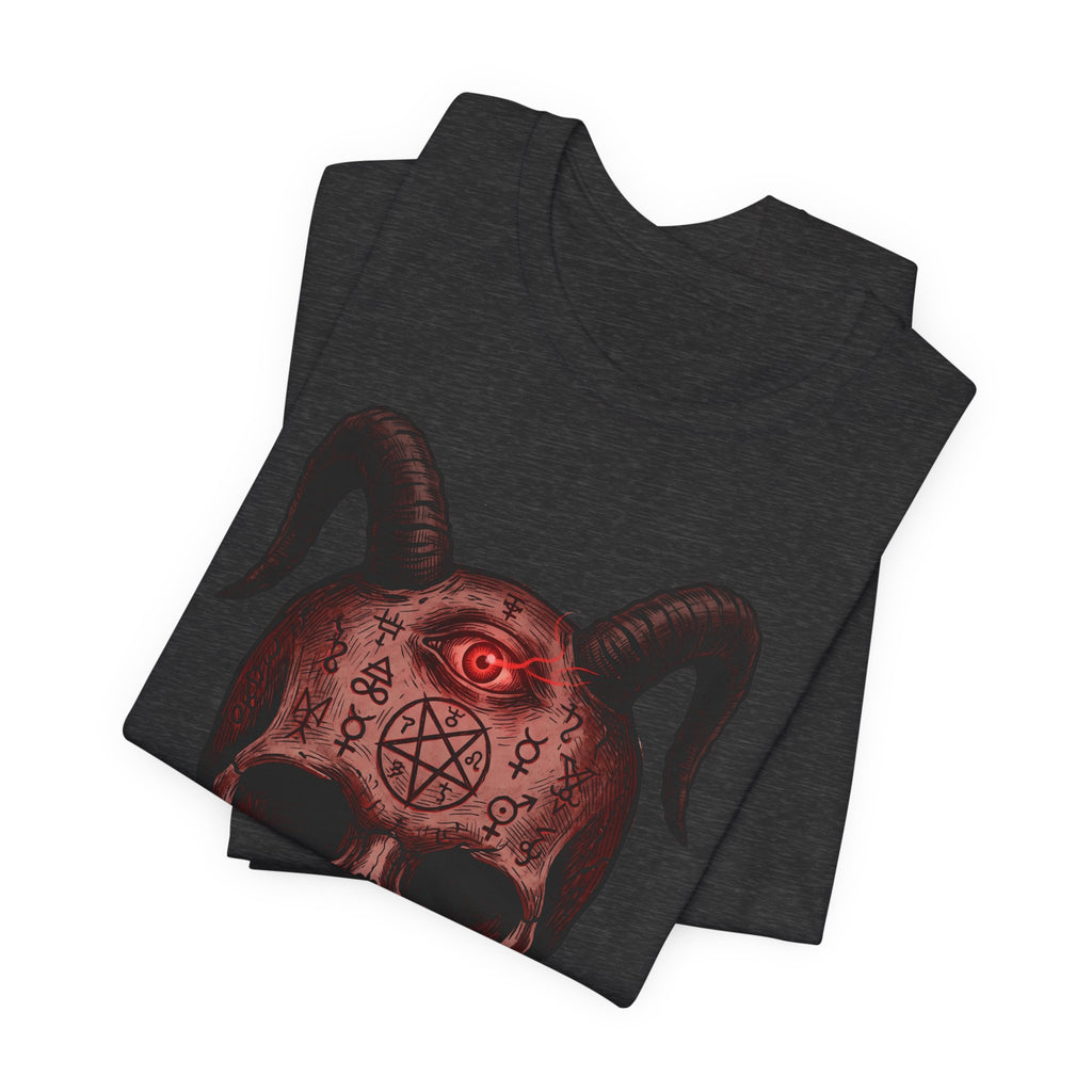 Dark grey unisex T-shirt with red demon skull graphic and glowing red eye