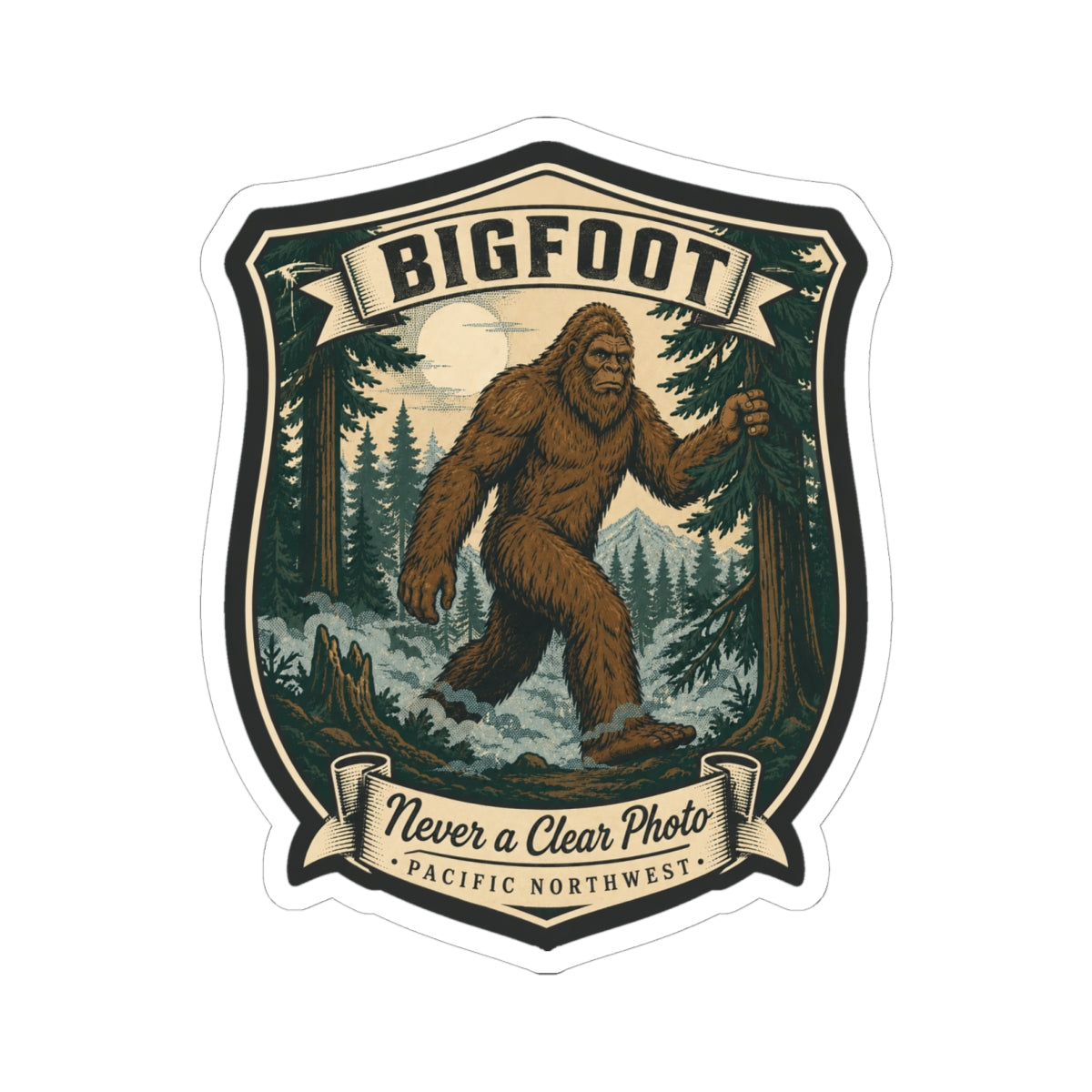 Bigfoot hiking badge sticker featuring Sasquatch in forest, “Never a Clear Photo” ribbon