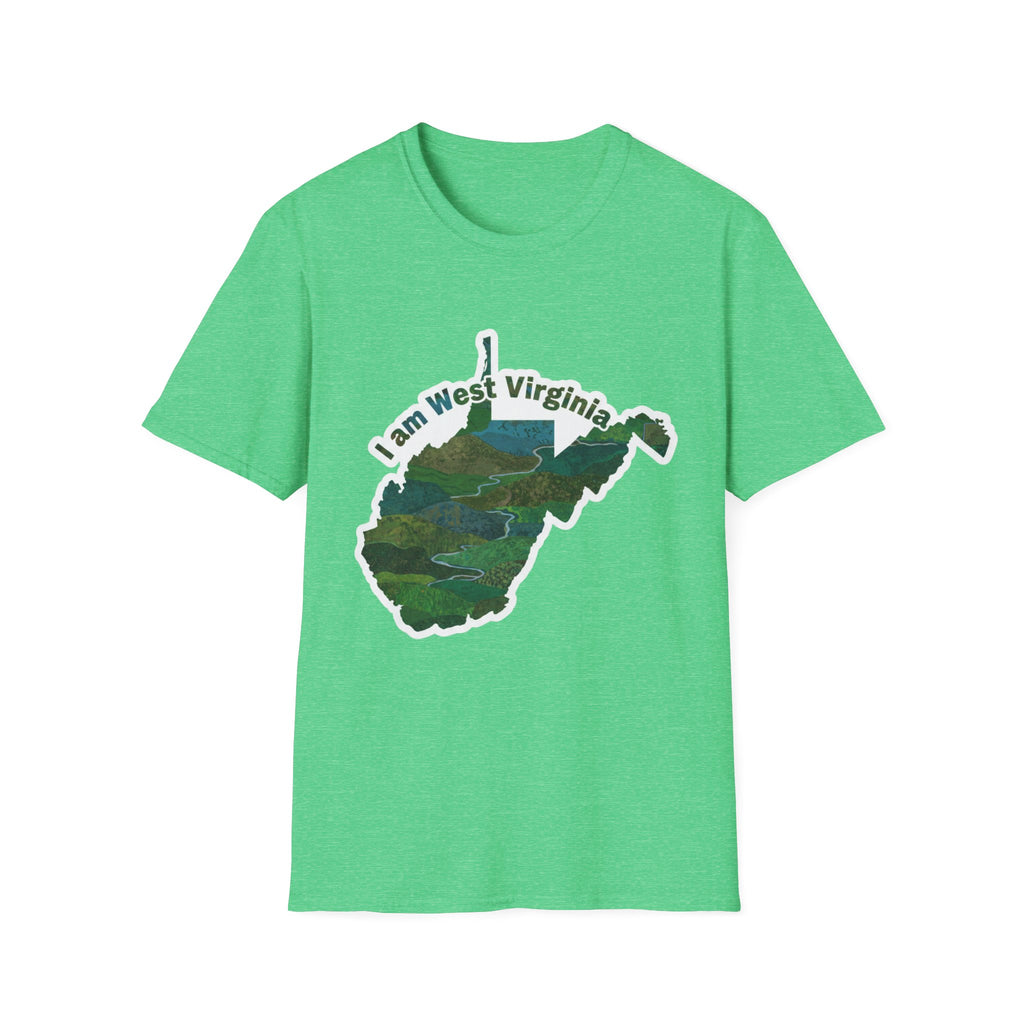 Heather Irish Green T-shirt with West Virginia map graphic and 'I am West Virginia' text