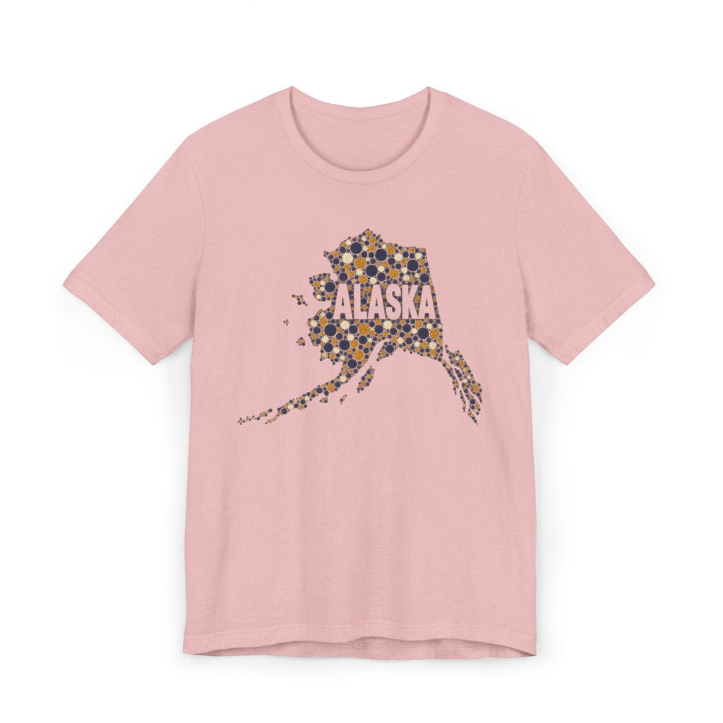 Pink Alaska state outline graphic T-shirt with dotted map and “Alaska” text