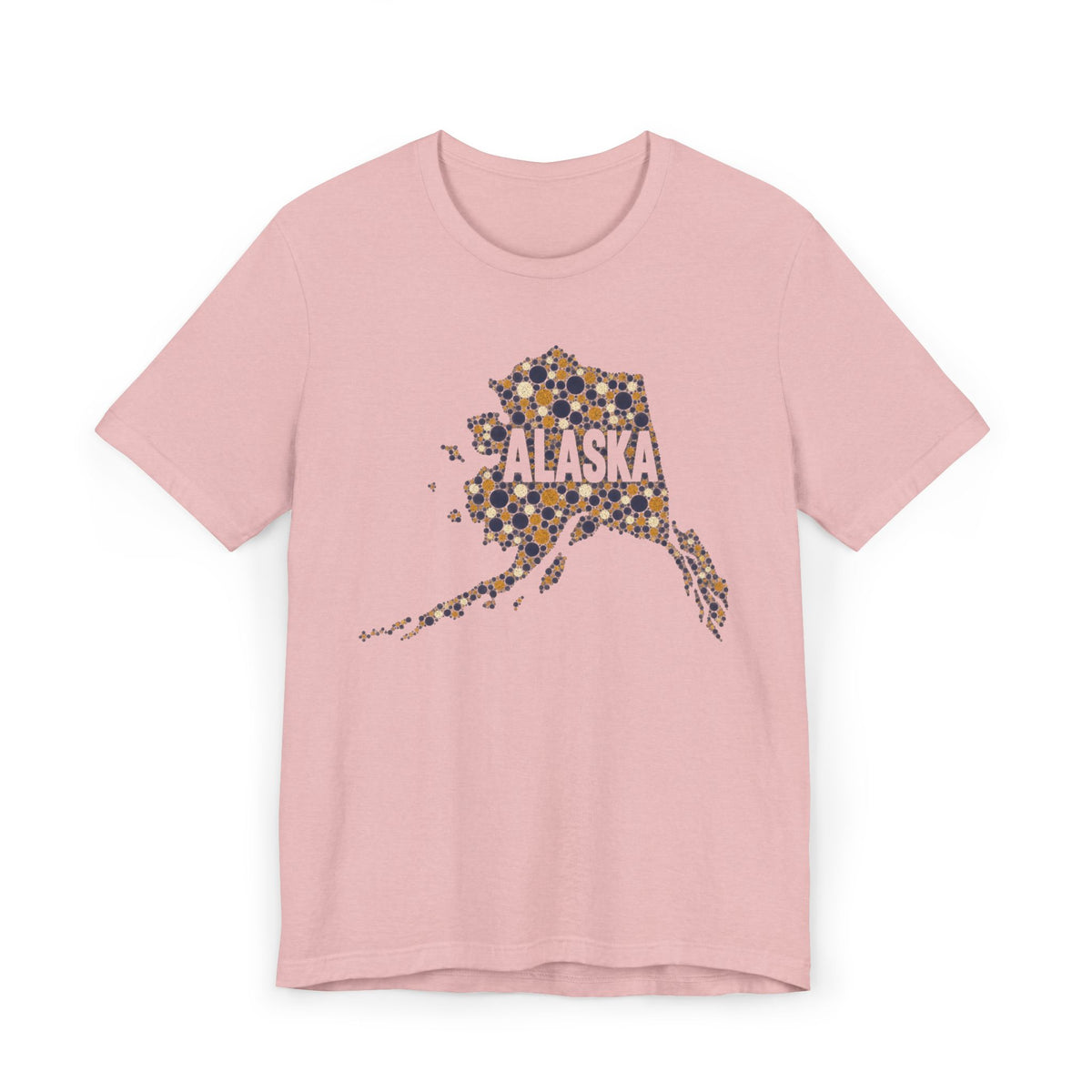 Pink Alaska state outline graphic T-shirt with dotted map and “Alaska” text