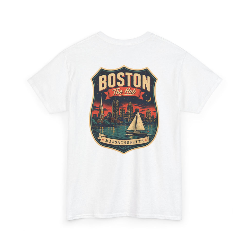 White city badge graphic T-shirt with sailboat and skyline crest