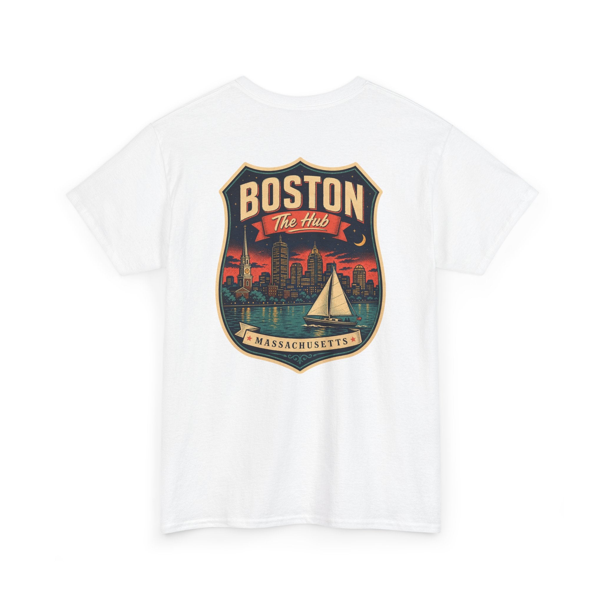 White city badge graphic T-shirt with sailboat and skyline crest