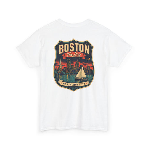 White city badge graphic T-shirt with sailboat and skyline crest