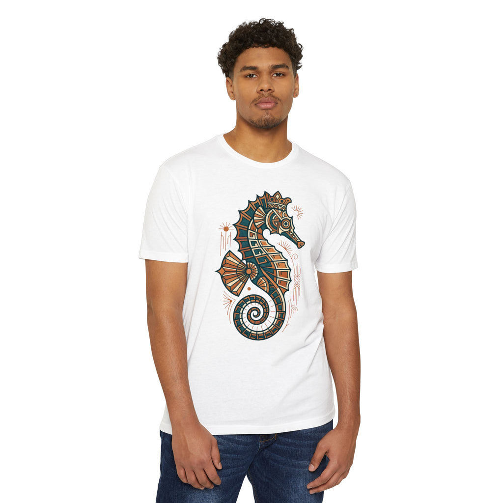 White crew-neck seahorse graphic t-shirt with colorful mosaic-style print on chest