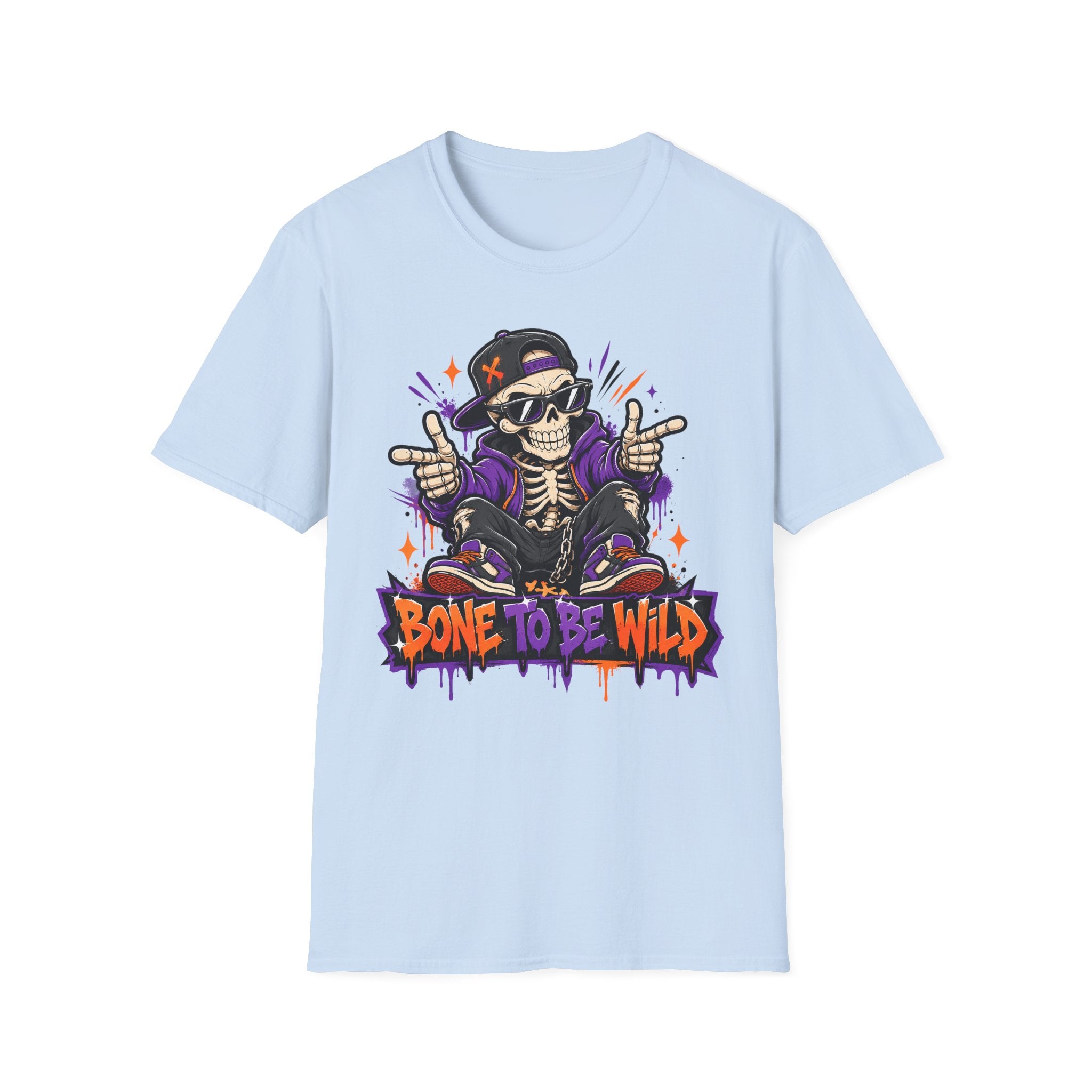Skull DJ graphic T-shirt, light blue with colorful front print
