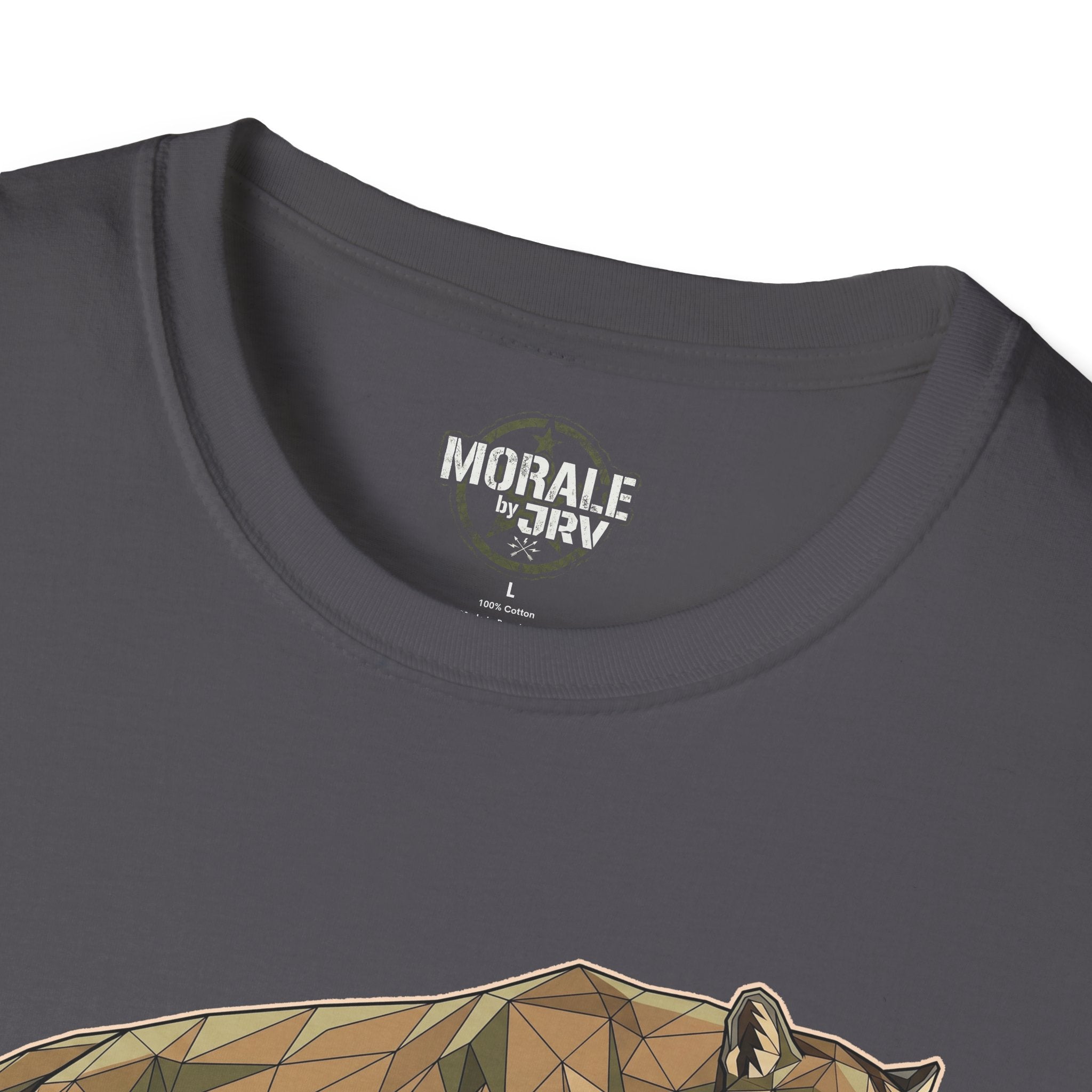 Charcoal neckline label area with small print logo under the collar