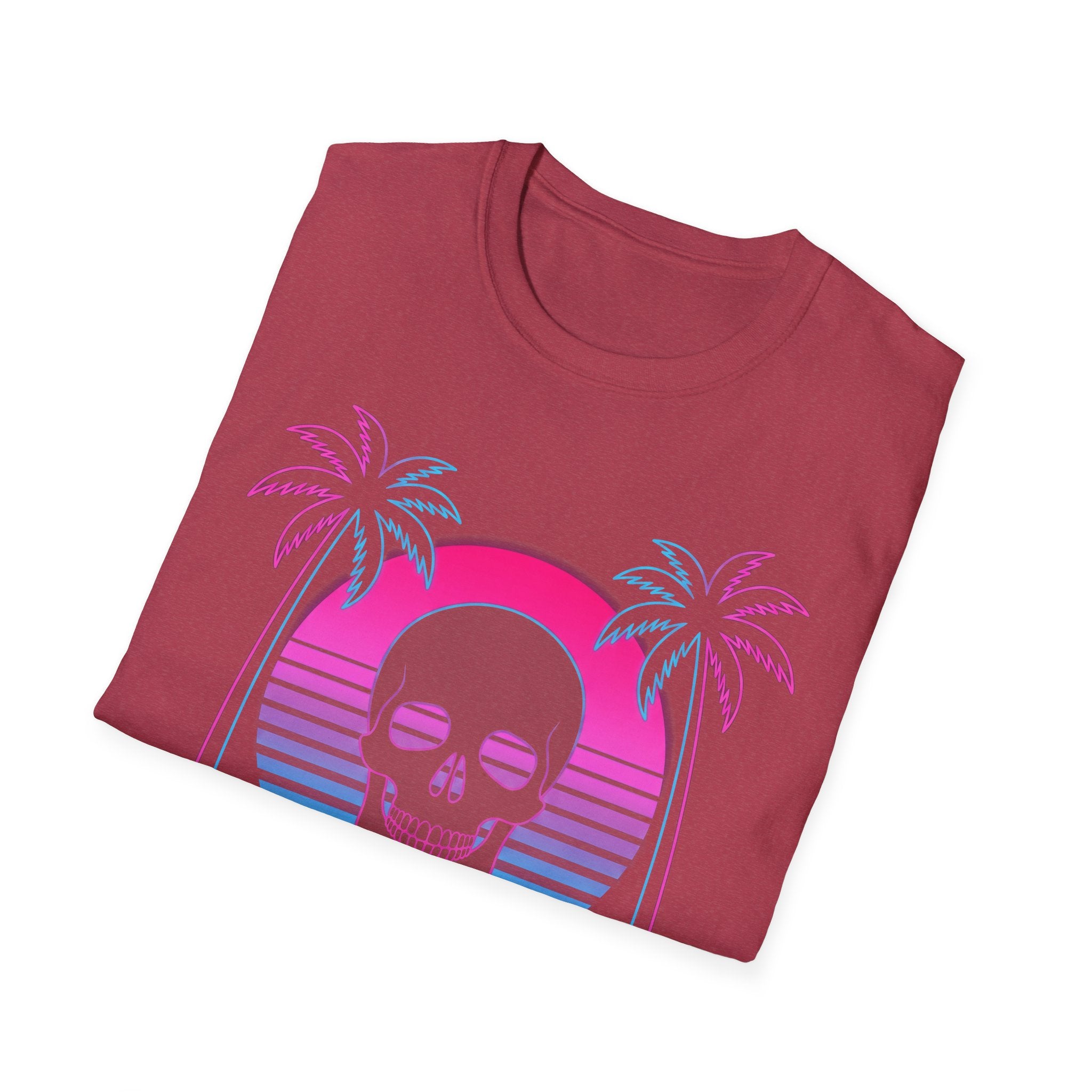 Camiseta Vaporwave Skull Sunset, burdeos con calavera y palmeras neon