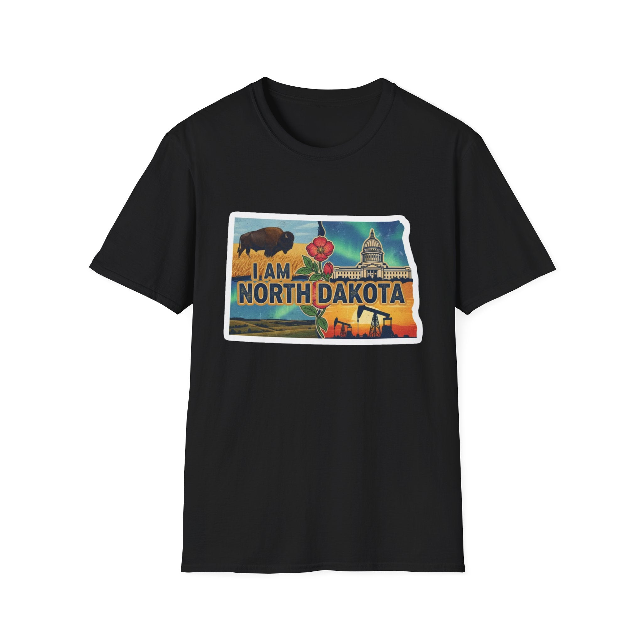 Camiseta negra North Dakota con bisonte, flores y capitolio en el pecho