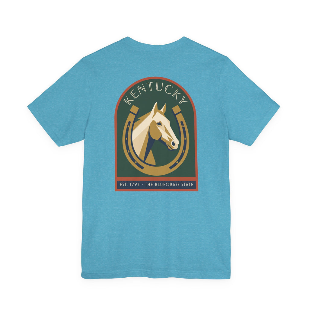 Aqua blue T-shirt with Kentucky horse crest graphic