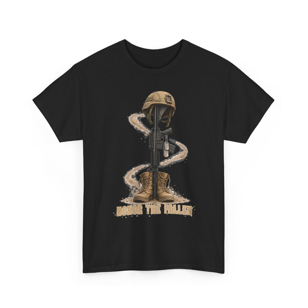 Black graphic t-shirt with soldier and rifle emblem on front.