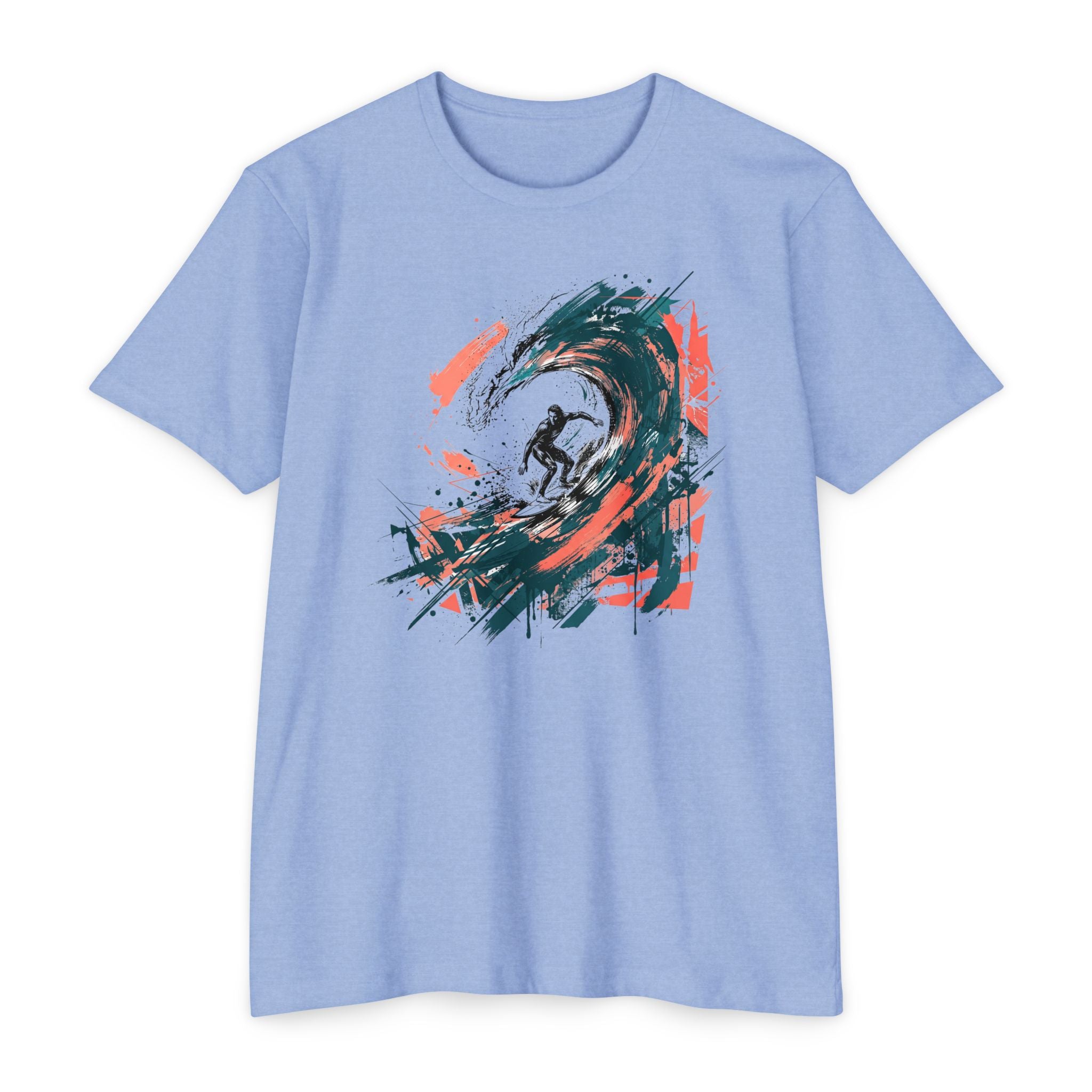 Unisex T-shirt in light blue with abstract surfer wave paintbrush graphic on front.