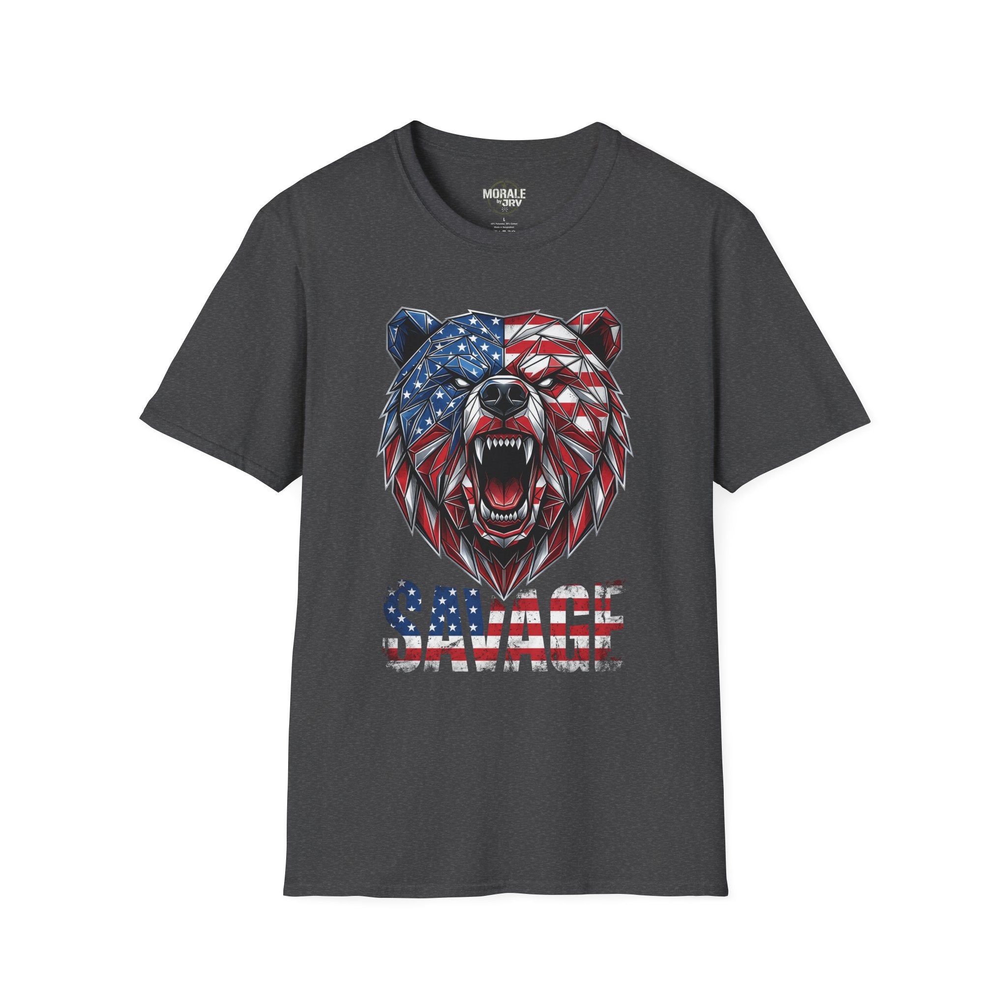 Charcoal graphic T-shirt with roaring geometric American flag bear head and SAVAGE text
