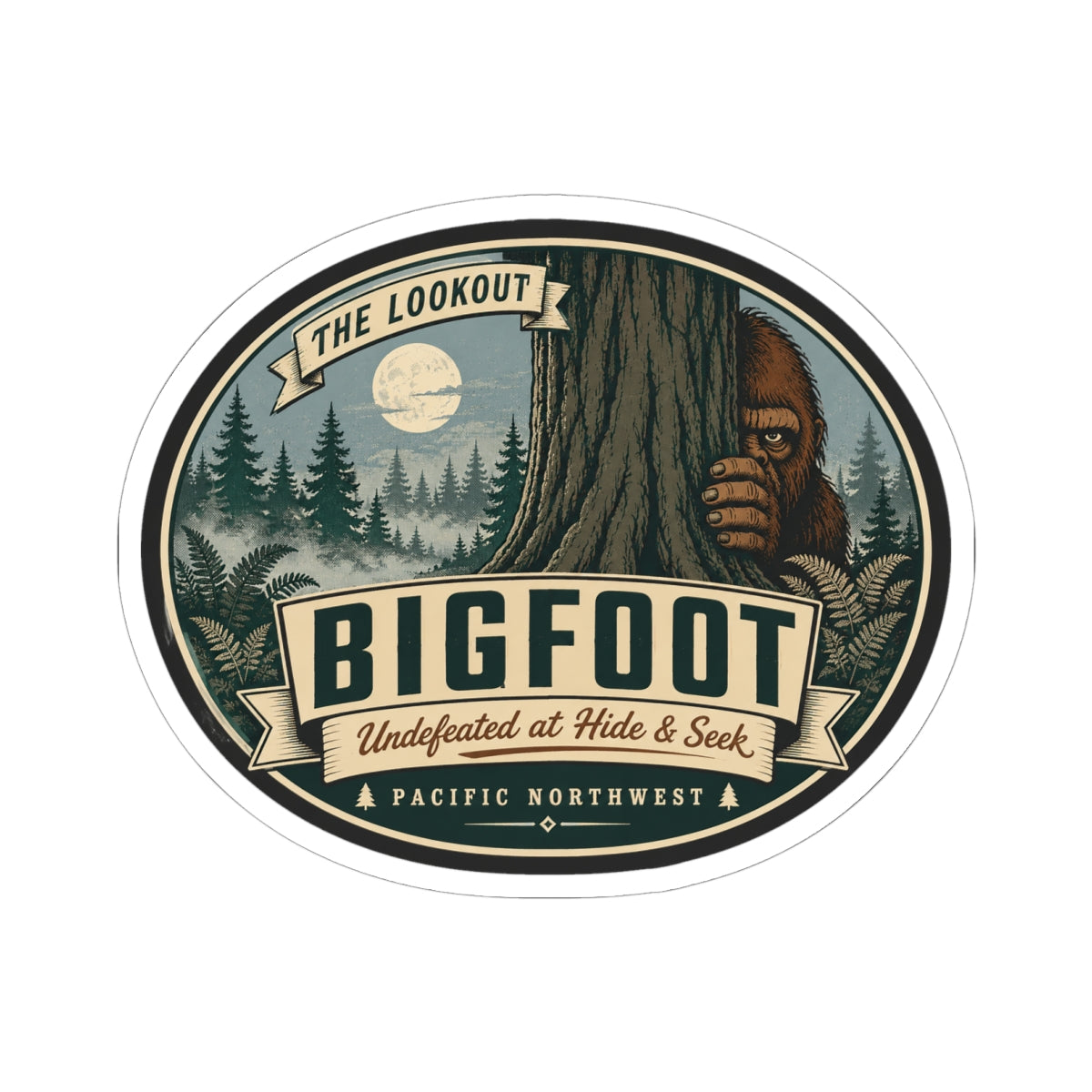 Kiss-cut vinyl sticker with Bigfoot peeking from a forest tree, round outdoor design