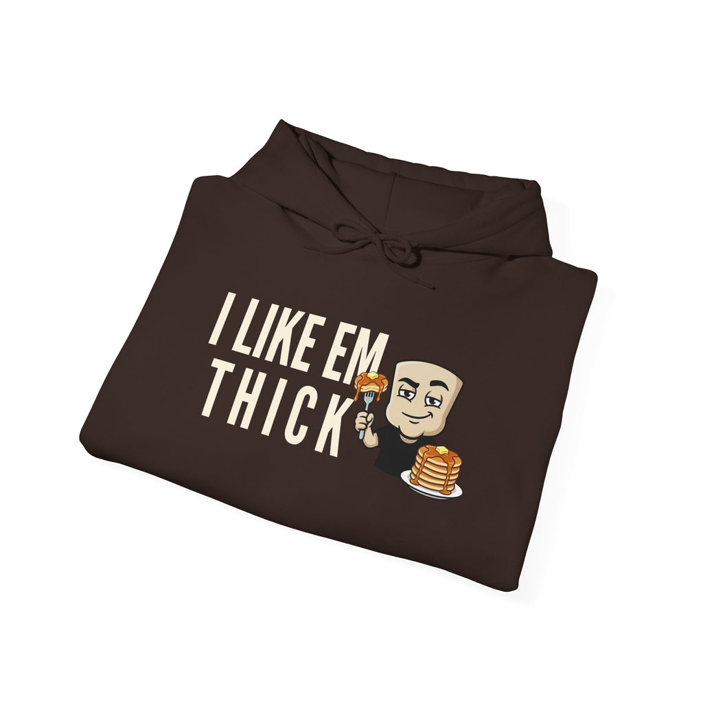 Dark brown hoodie with drawstring hood and “I Like Em Thick” pancake graphic front