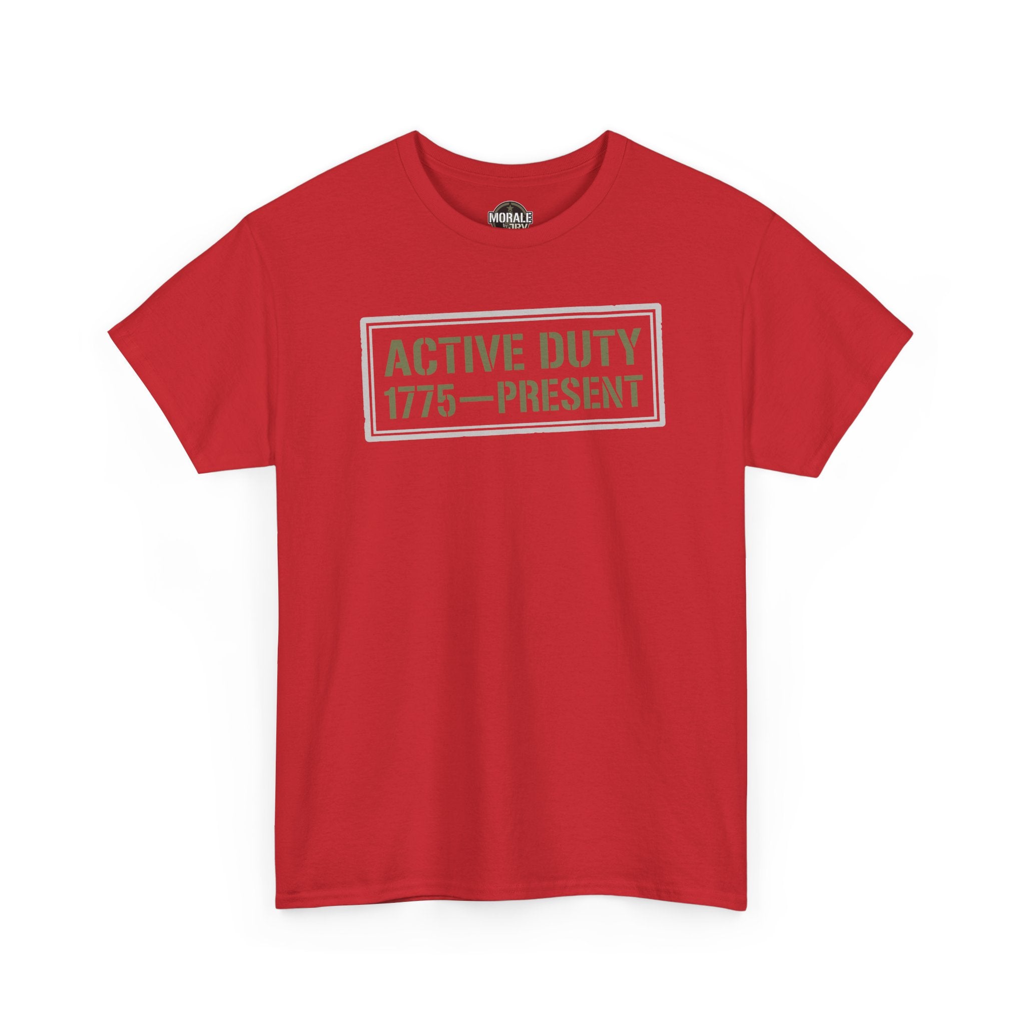 Red crewneck T-shirt with "ACTIVE DUTY 1775—PRESENT" graphic on chest.