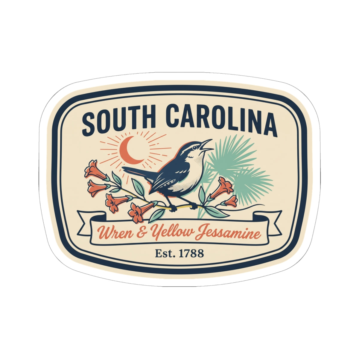 South Carolina kiss-cut vinyl sticker with wren and foliage illustration, Est. 1788