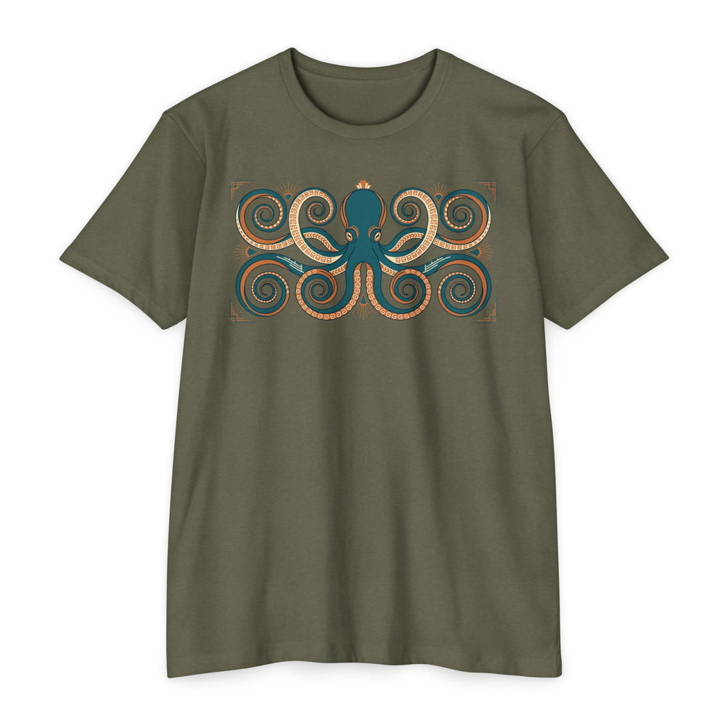 Octopus graphic T-shirt, olive green, front view with teal octopus swirl print
