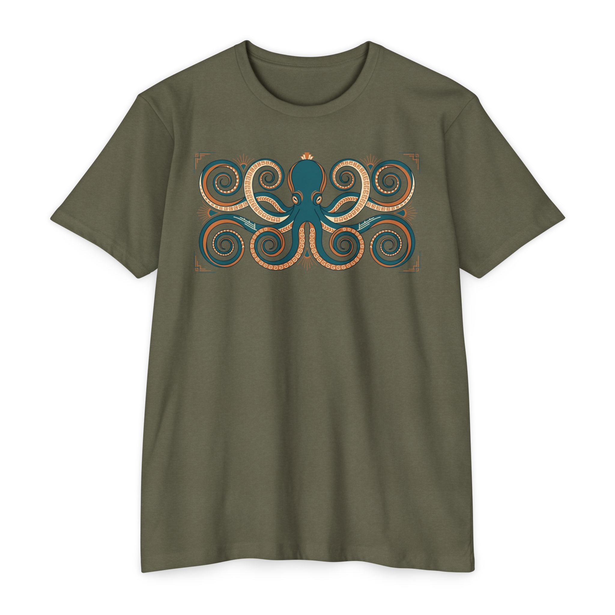 Octopus graphic T-shirt, olive green, front view with teal octopus swirl print