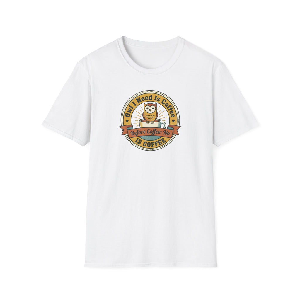 White crewneck T-shirt featuring circular coffee owl vintage badge