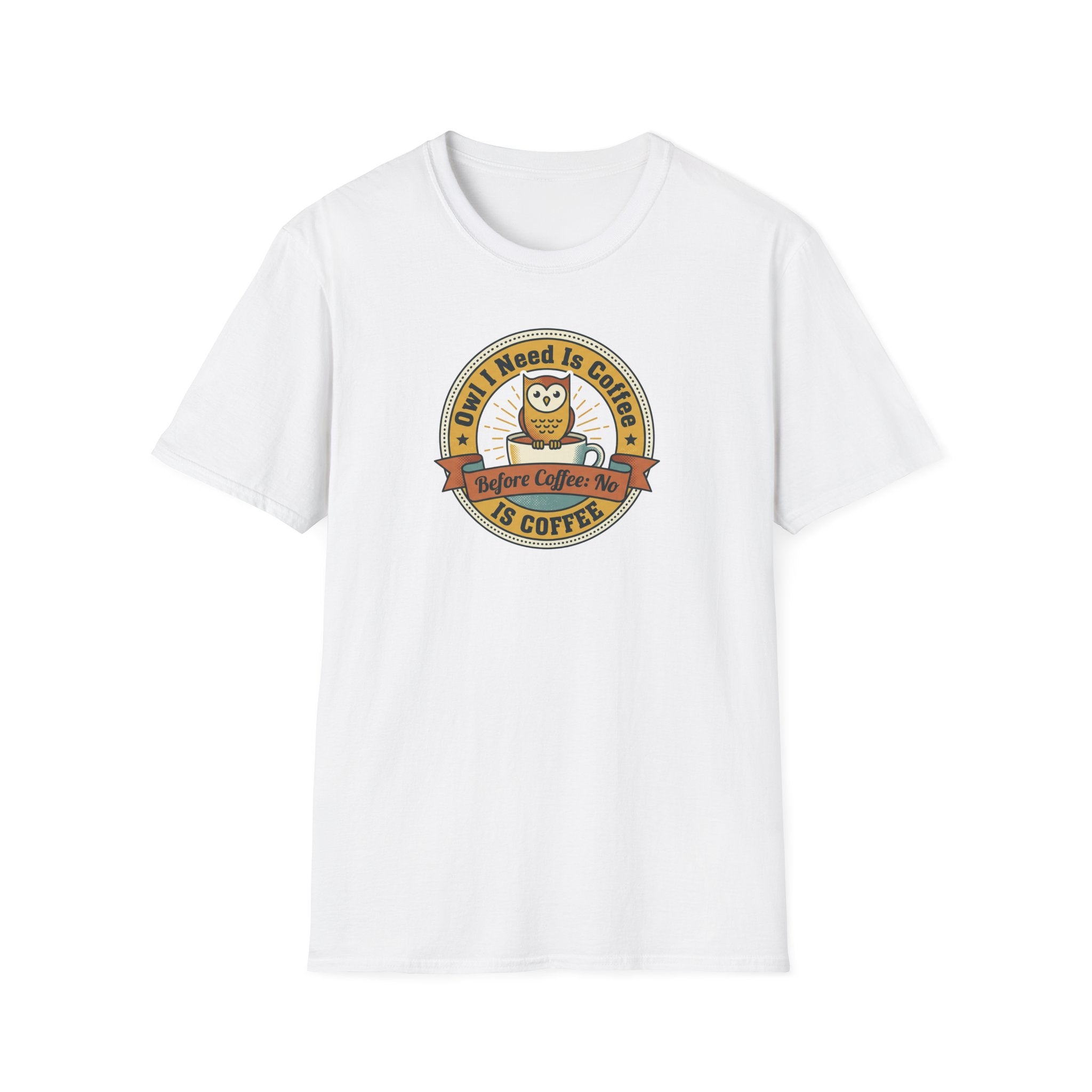 White crewneck T-shirt featuring circular coffee owl vintage badge