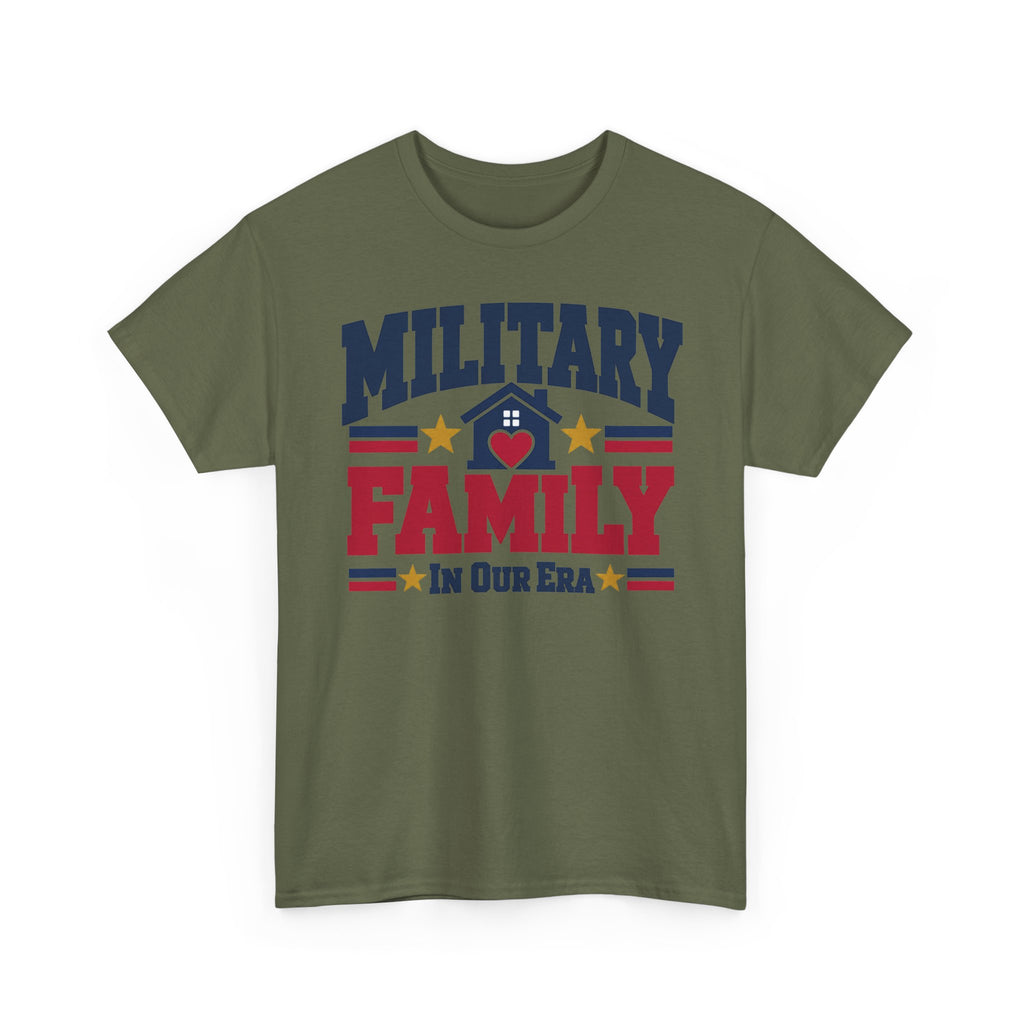 Unisex dark green T-shirt with “Military Family” patriotic heart graphic print