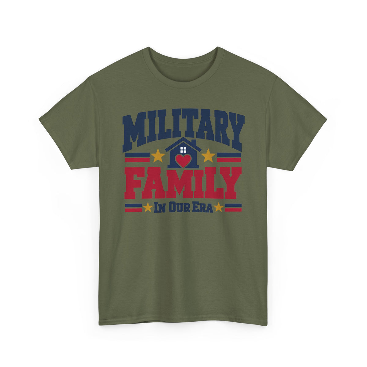 Unisex dark green T-shirt with “Military Family” patriotic heart graphic print