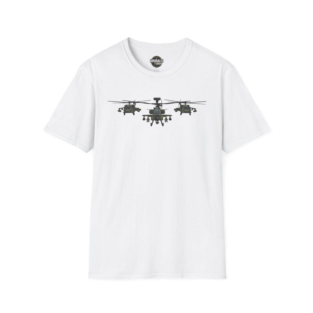 White crewneck T-shirt with three-helicopter graphic on the chest