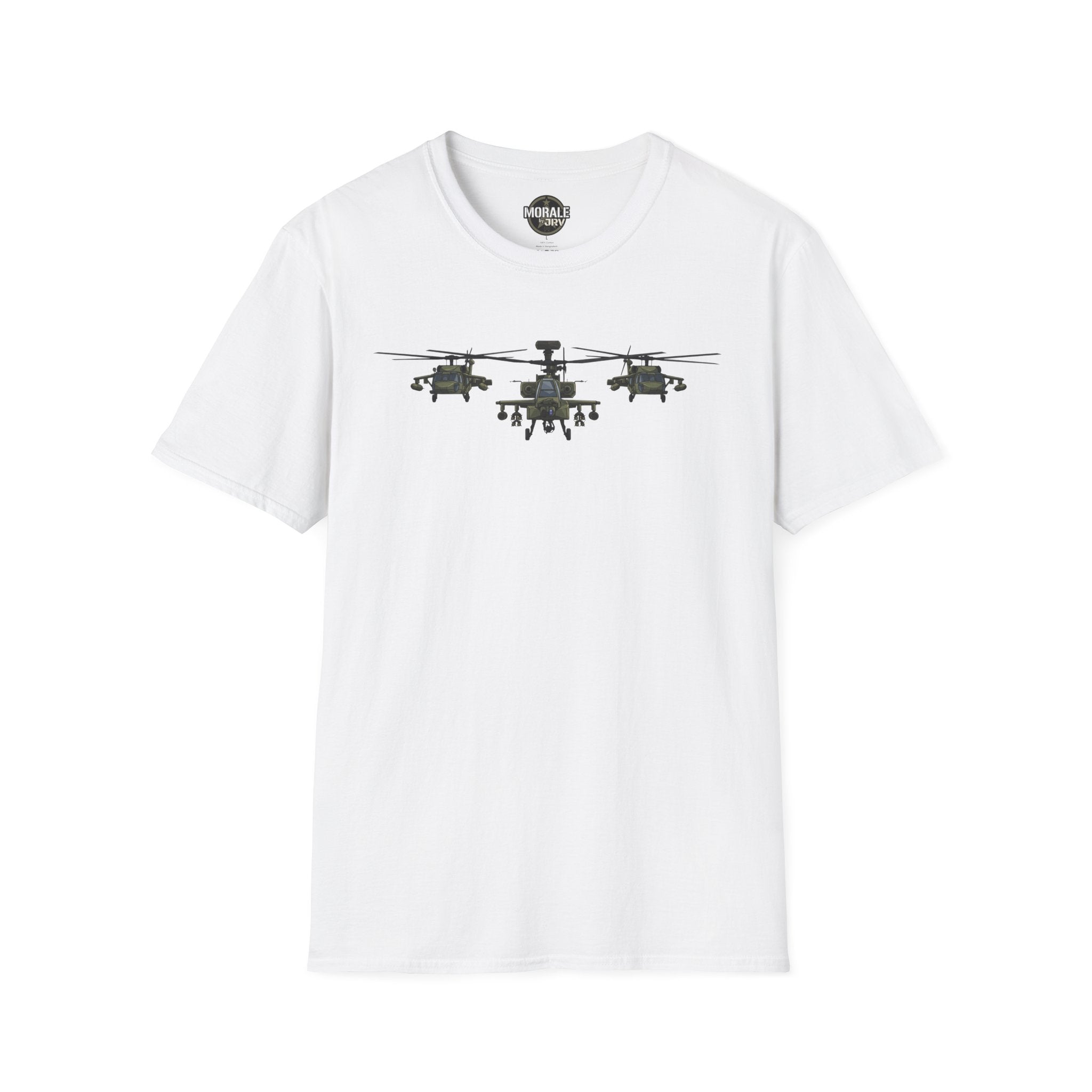 White crewneck T-shirt with three-helicopter graphic on the chest