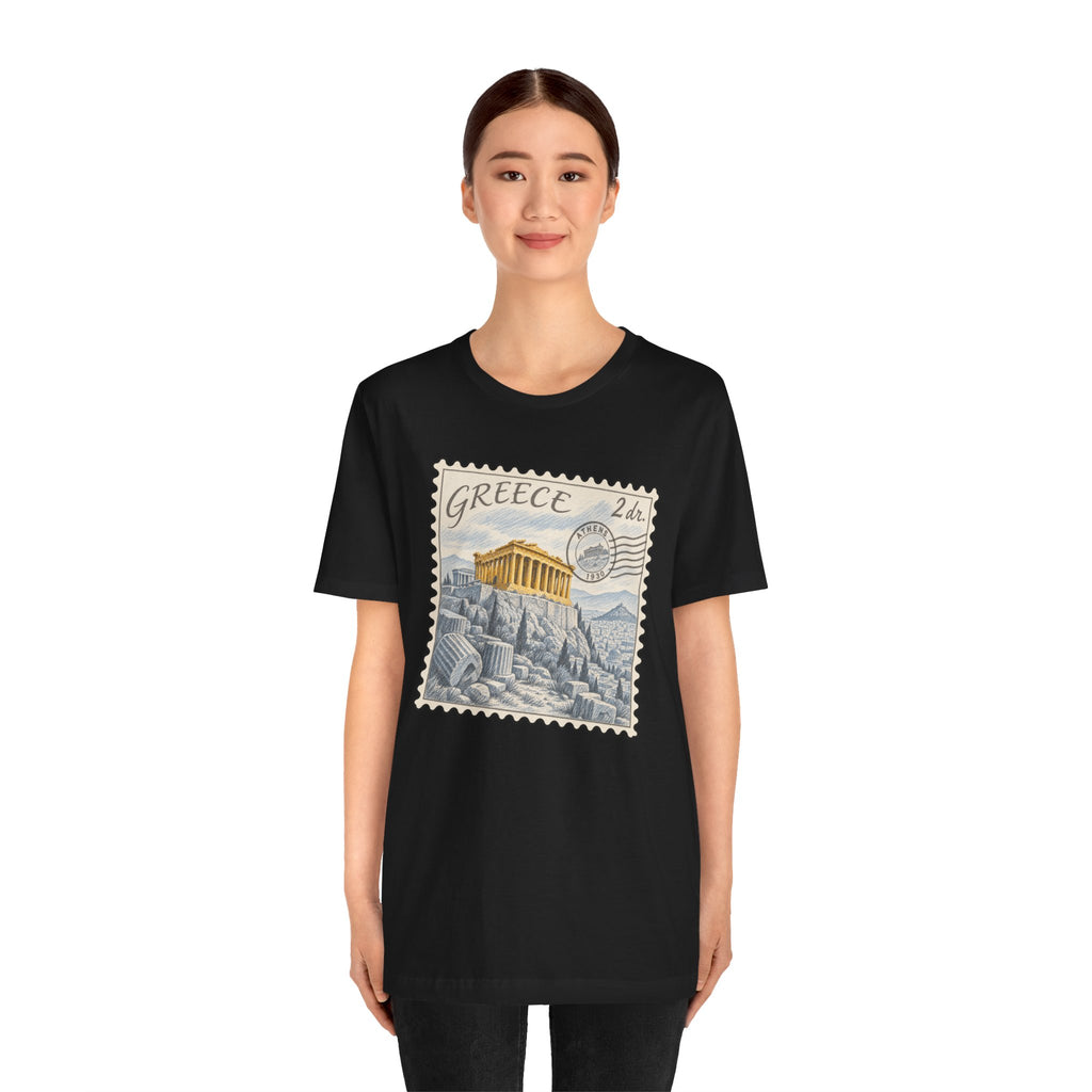 Black crewneck T-shirt with Greece postage-stamp graphic print