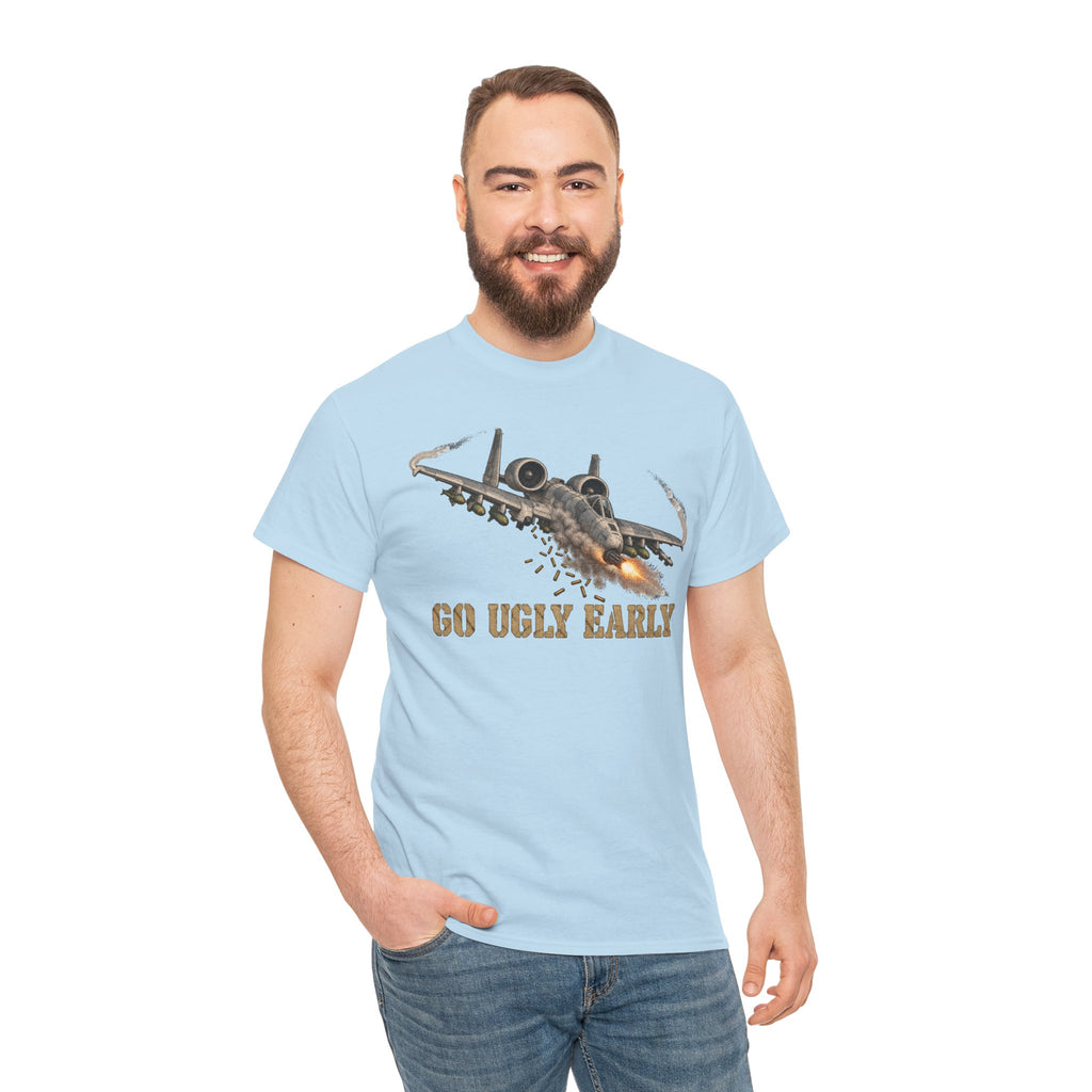 Light blue T-shirt with jet graphic and "GO UGLY EARLY" text
