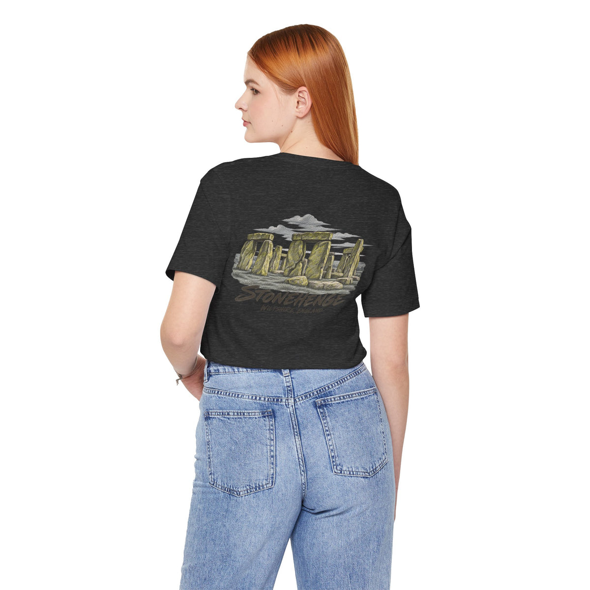 Black Stonehenge landmark graphic t-shirt, back view, with centered building print
