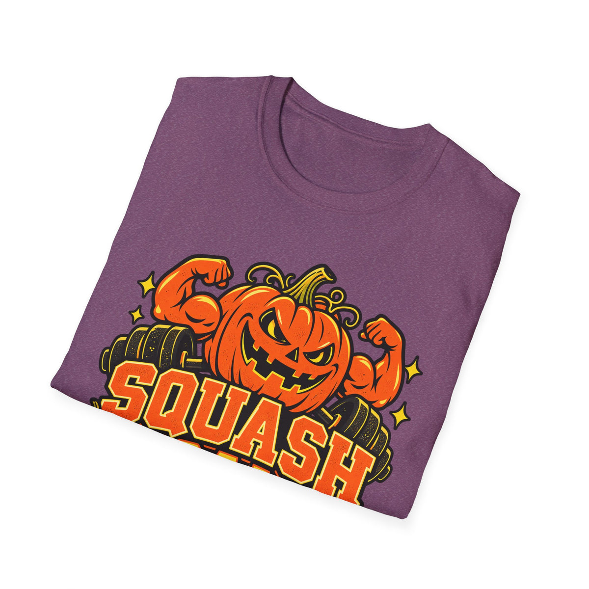 Dark purple short-sleeve T-shirt with jack-o-pumpkin and 'SQUASH' graphic