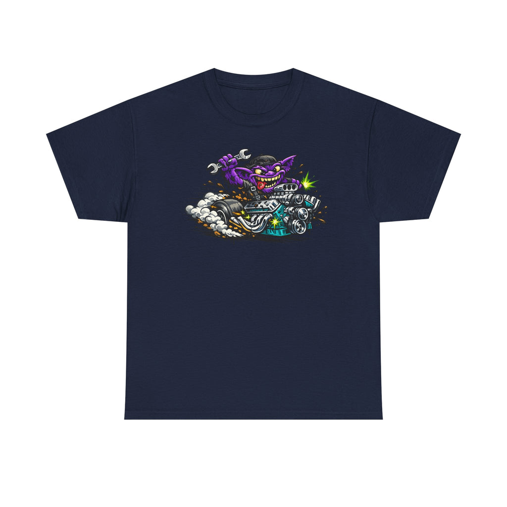 Navy biker cat graphic T-shirt with grinning cat on a motorcycle