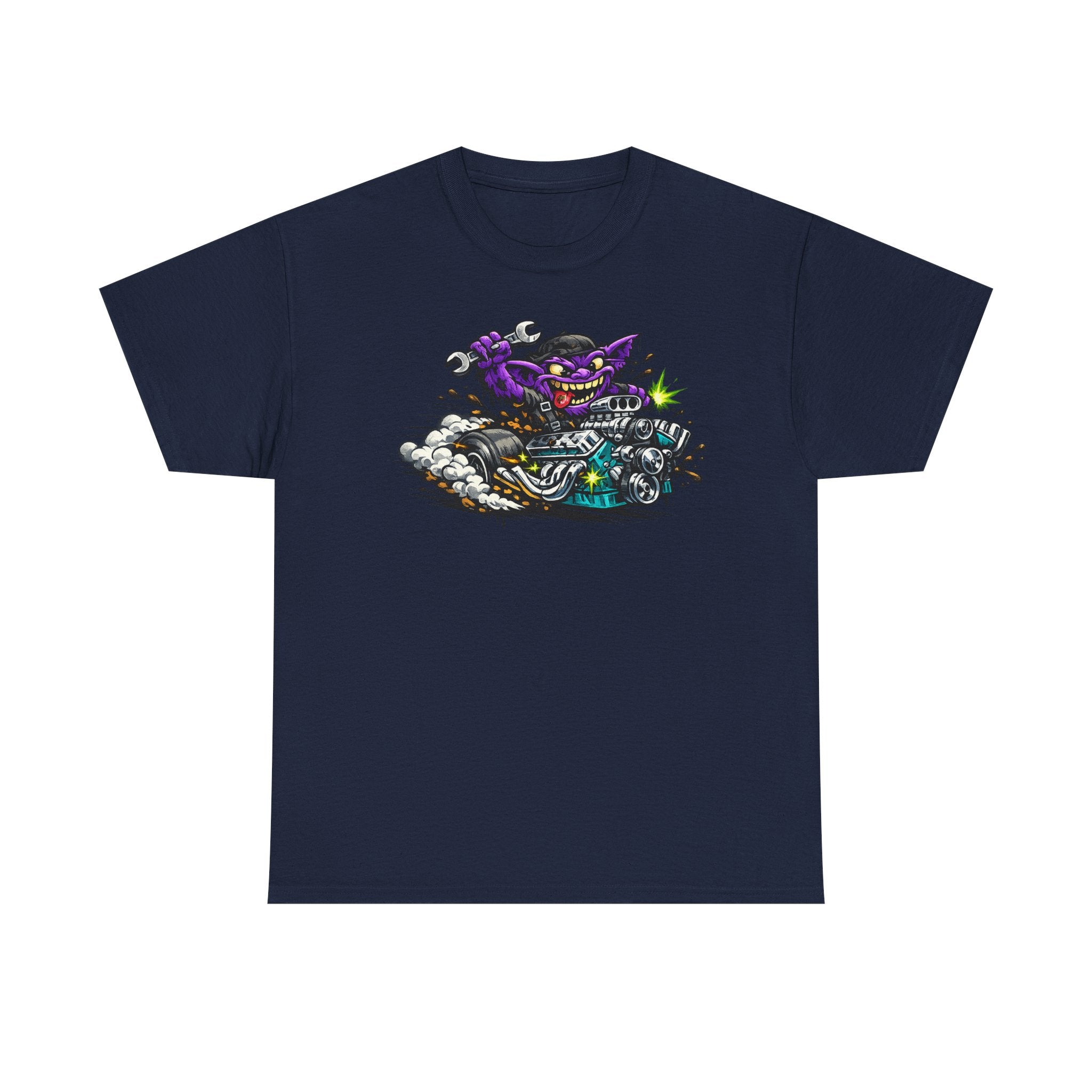 Navy biker cat graphic T-shirt with grinning cat on a motorcycle