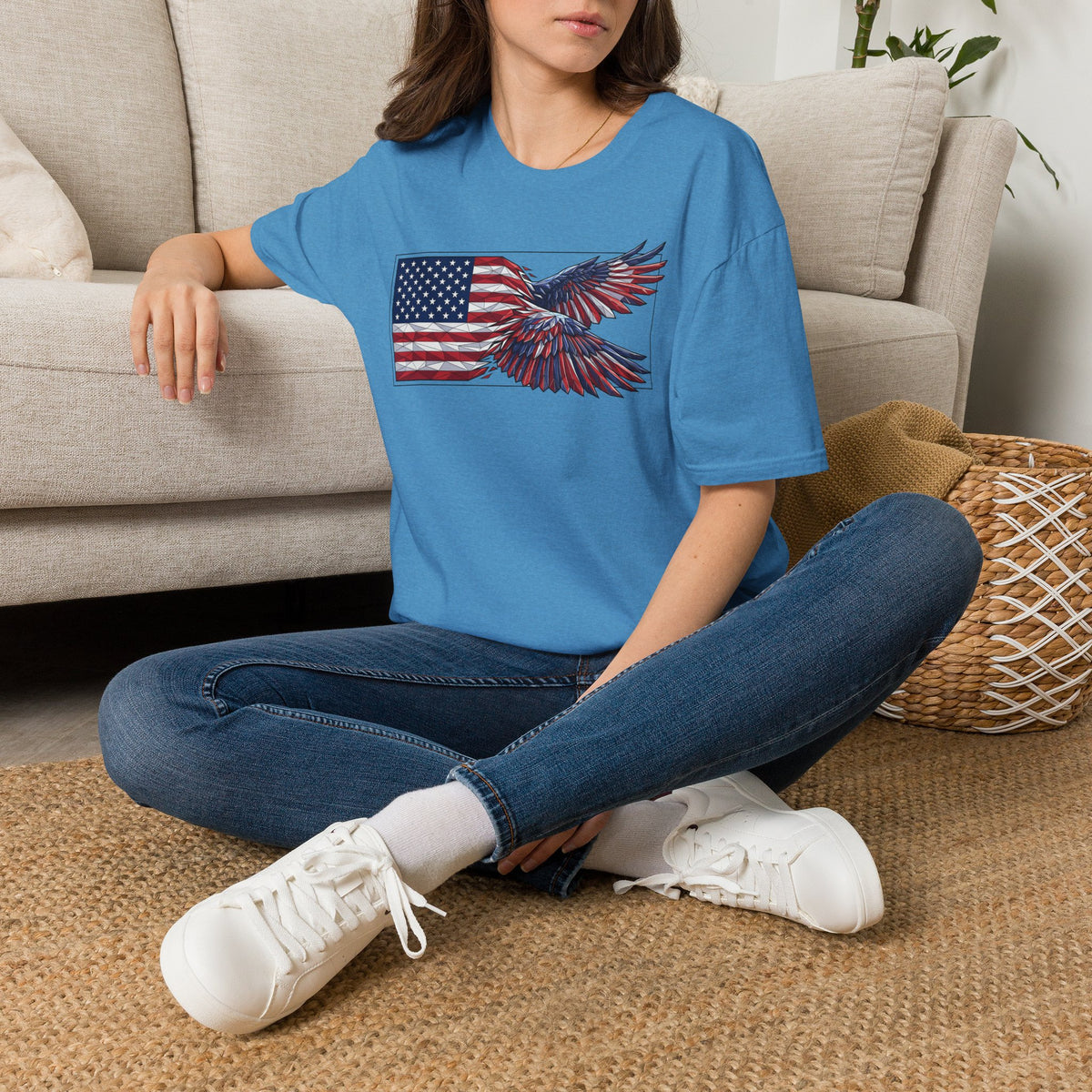Patriotic eagle graphic t-shirt in royal blue with U.S. flag and flying wings