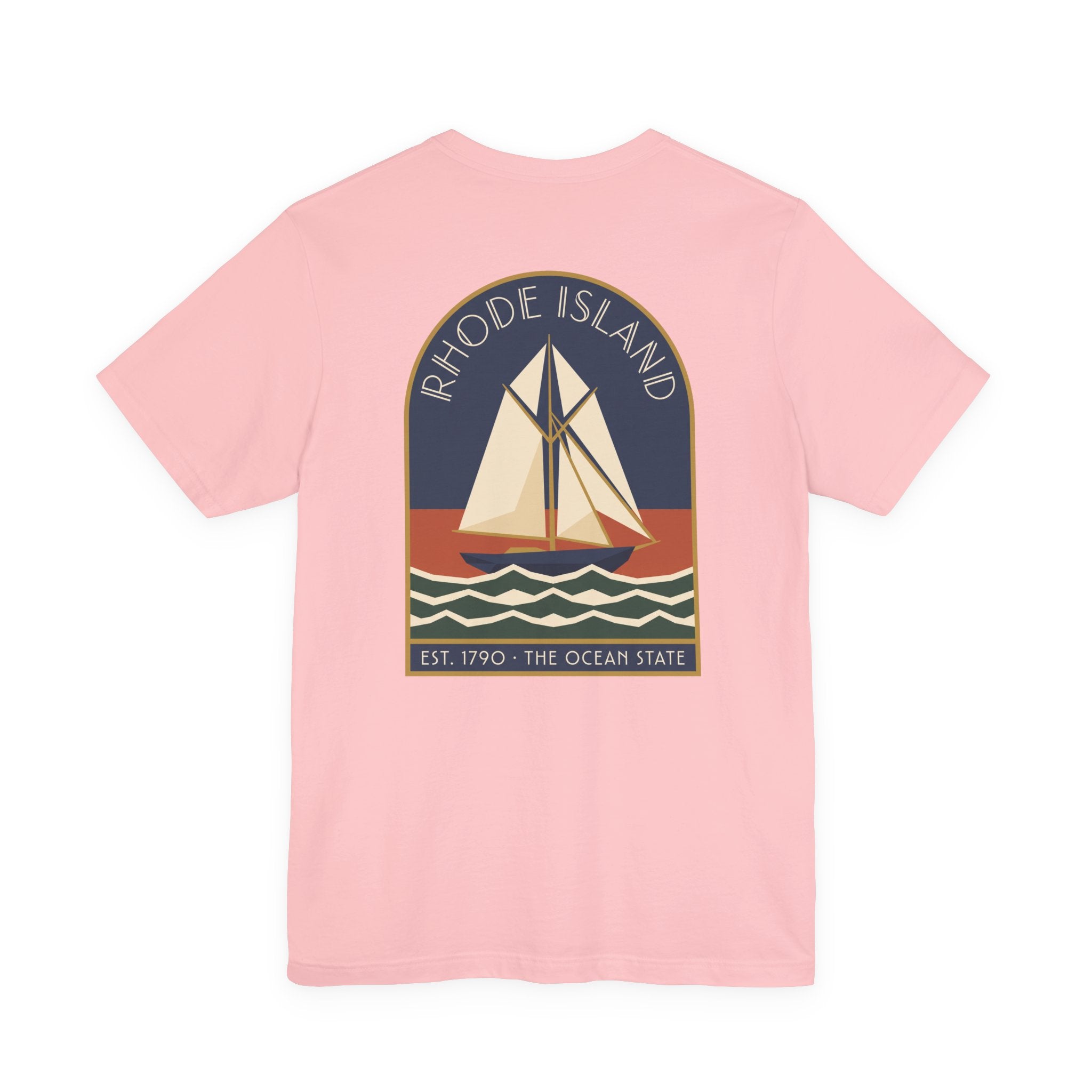 Light pink t-shirt with front circular sailboat graphic and “Rhode Island” text