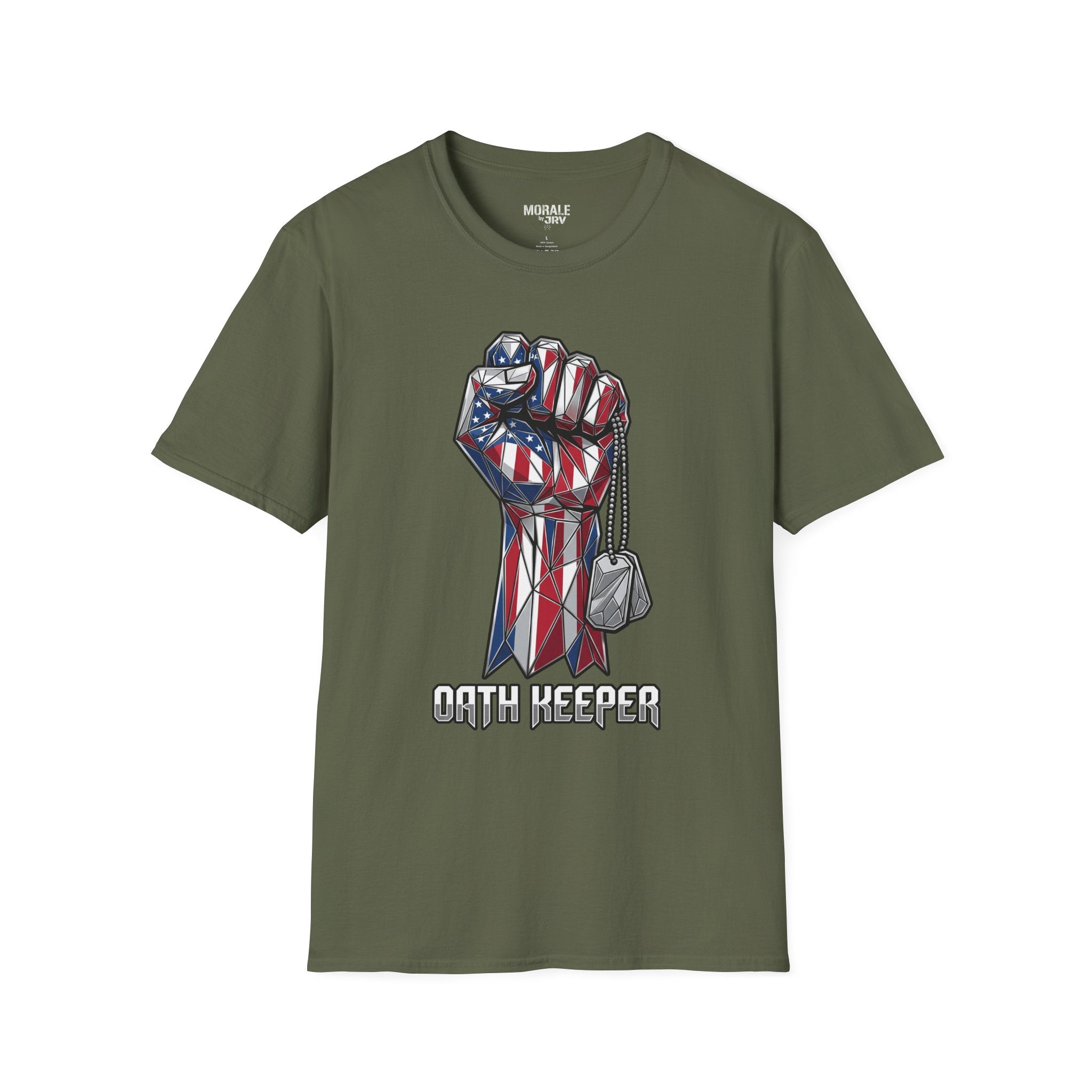 Patriotic Fist T-Shirt, olive green with American flag fist and "OATH KEEPER" text