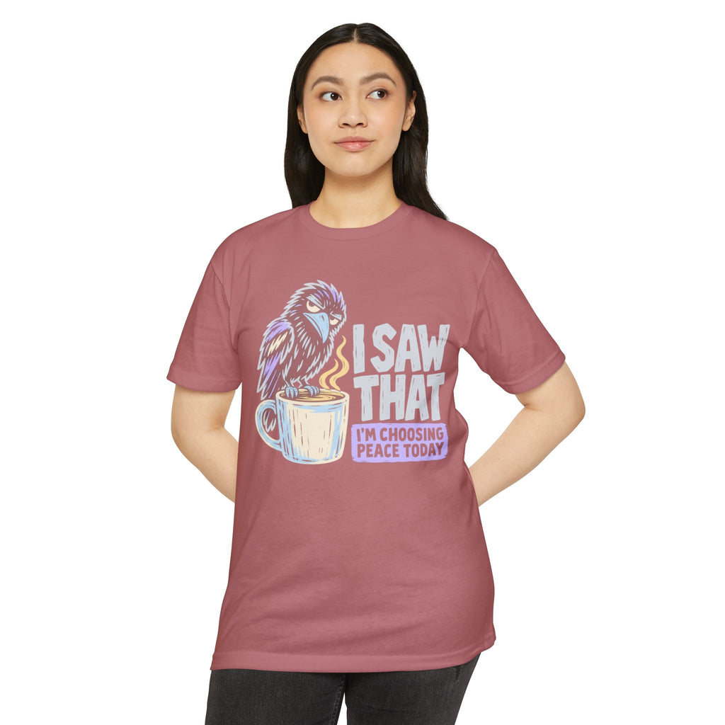 Rose crew-neck T-shirt with raven and peace coffee graphic on front