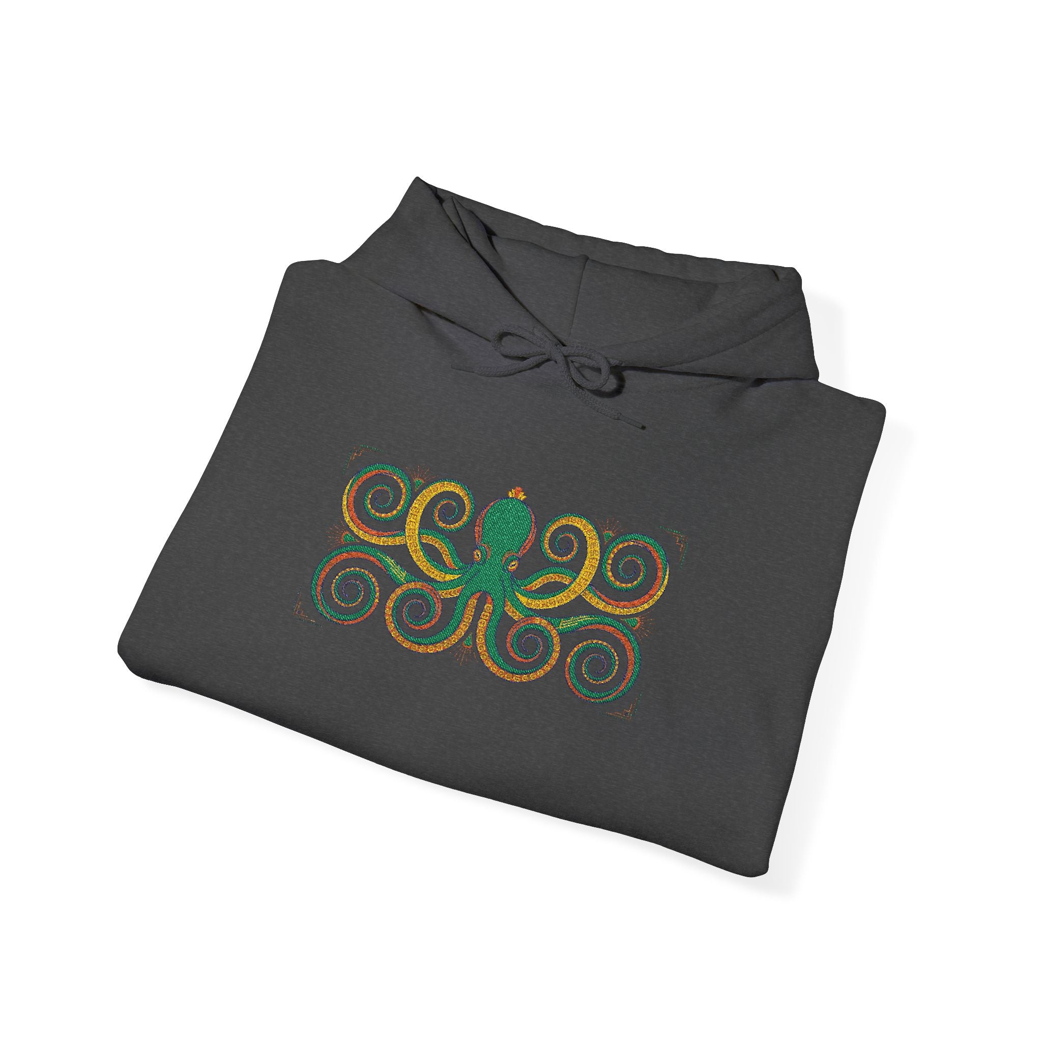 Black hoodie with colorful octopus spiral graphic on front, drawstring hood