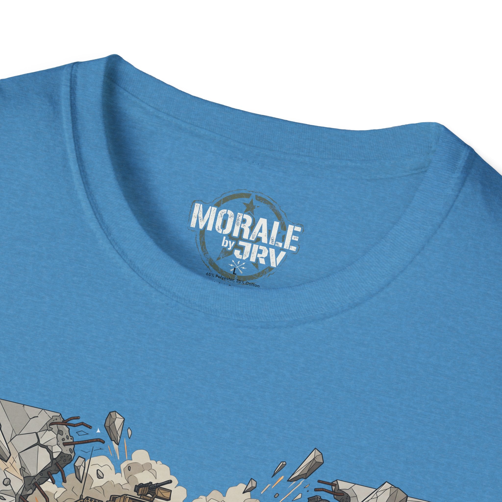 Blue crewneck with “MORALE by TRV” neck print and partial graphic