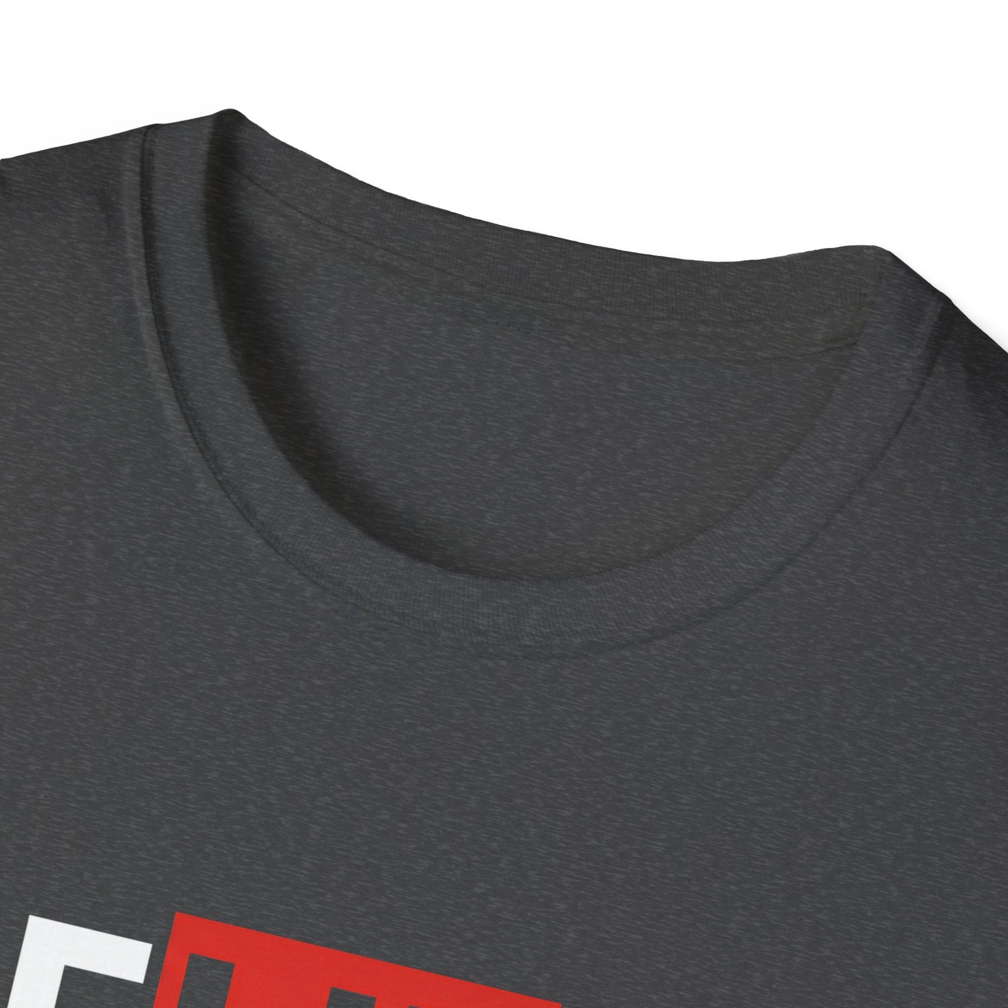 Dark heather T-shirt neckline, partial bold red-and-white graphic on front