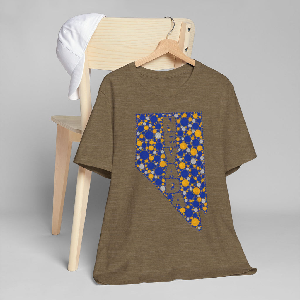 Brown crew-neck t-shirt with blue and gold patterned Nevada map graphic