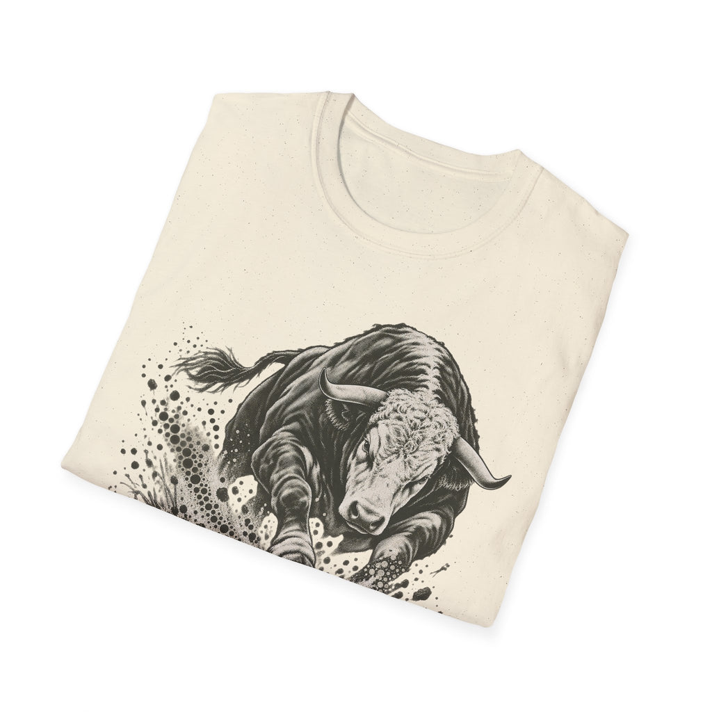 Natural color graphic t-shirt with charging bull illustration and splatter design