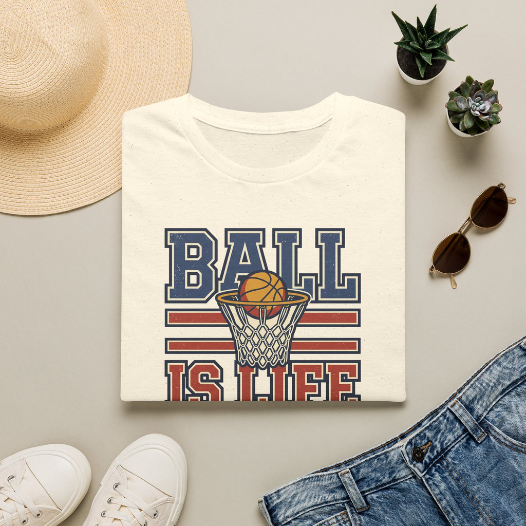Off-white basketball T-shirt with retro hoop 'Ball Is Life' graphic