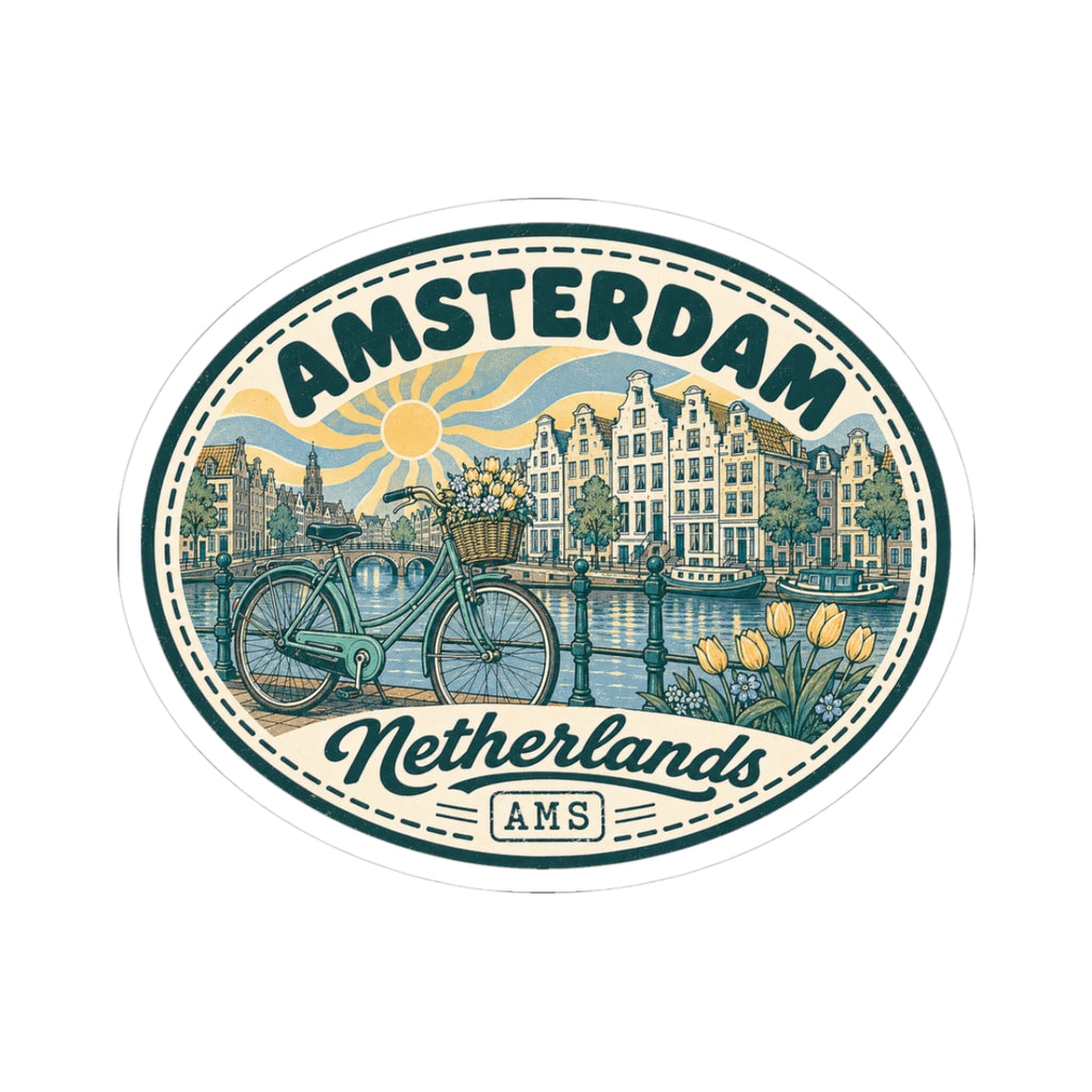 Round Amsterdam Netherlands sticker with teal bicycle, canal houses, tulips, and AMS text.