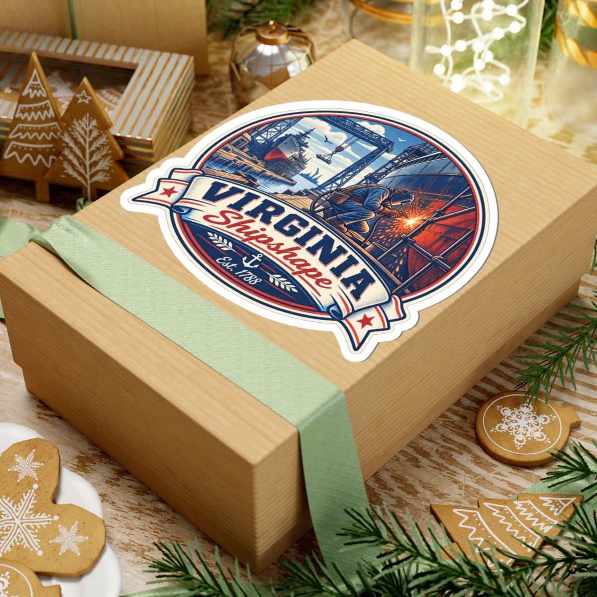 Virginia Shipshape sticker on gift box lid with green ribbon and pine sprigs
