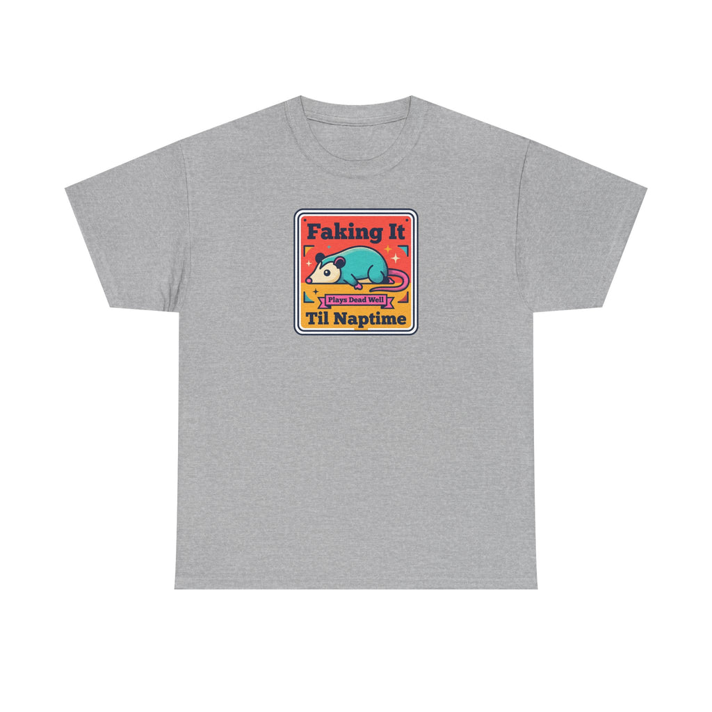 Gray T-shirt with framed “Faking It Til Naptime” sleepy panda graphic