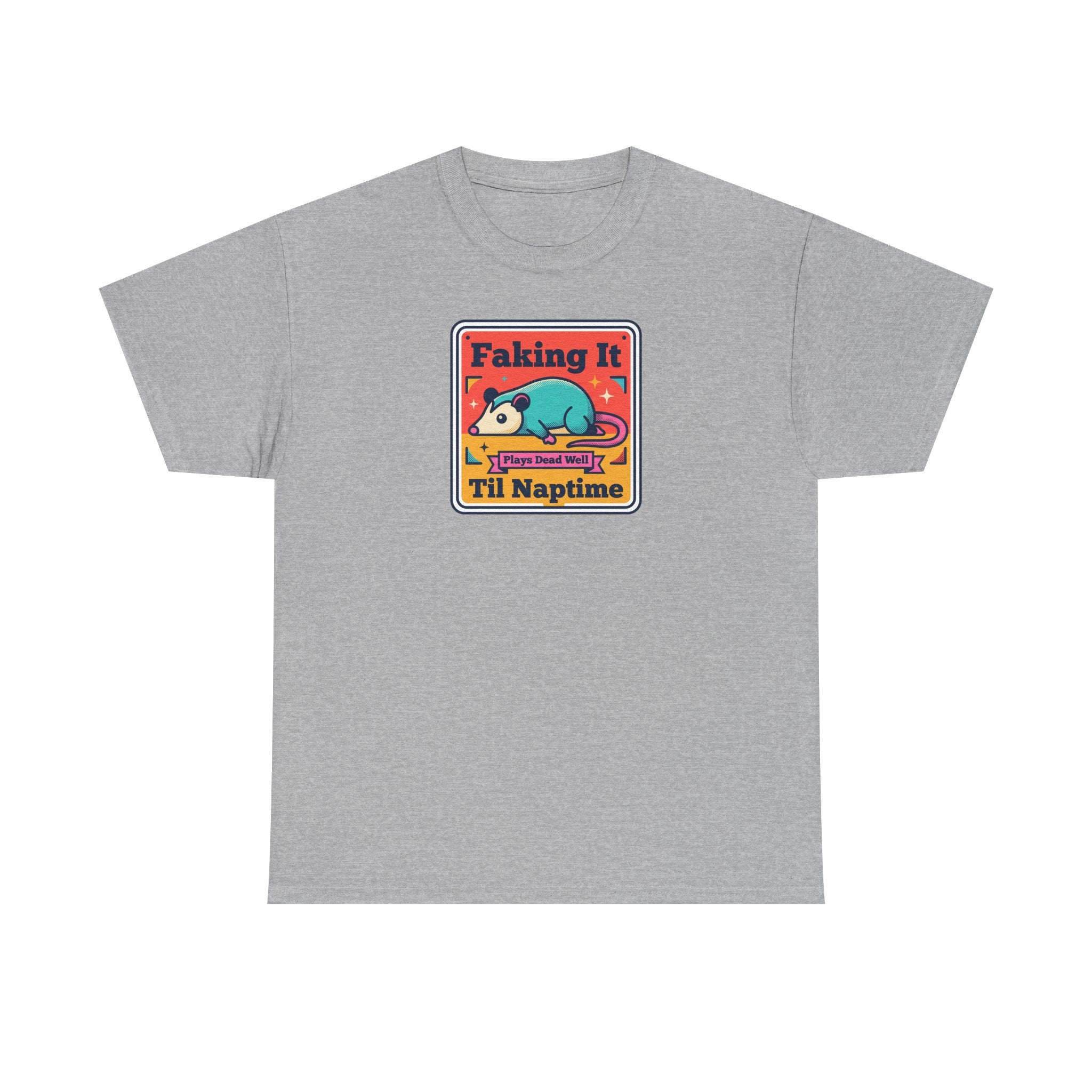 Gray T-shirt with framed “Faking It Til Naptime” sleepy panda graphic